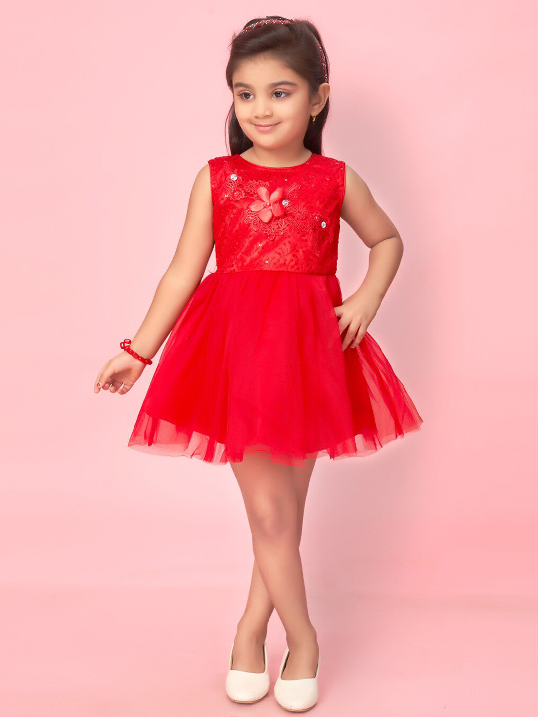 

Muhuratam Girls Floral Embellished Net Fit & Flare Dress, Red