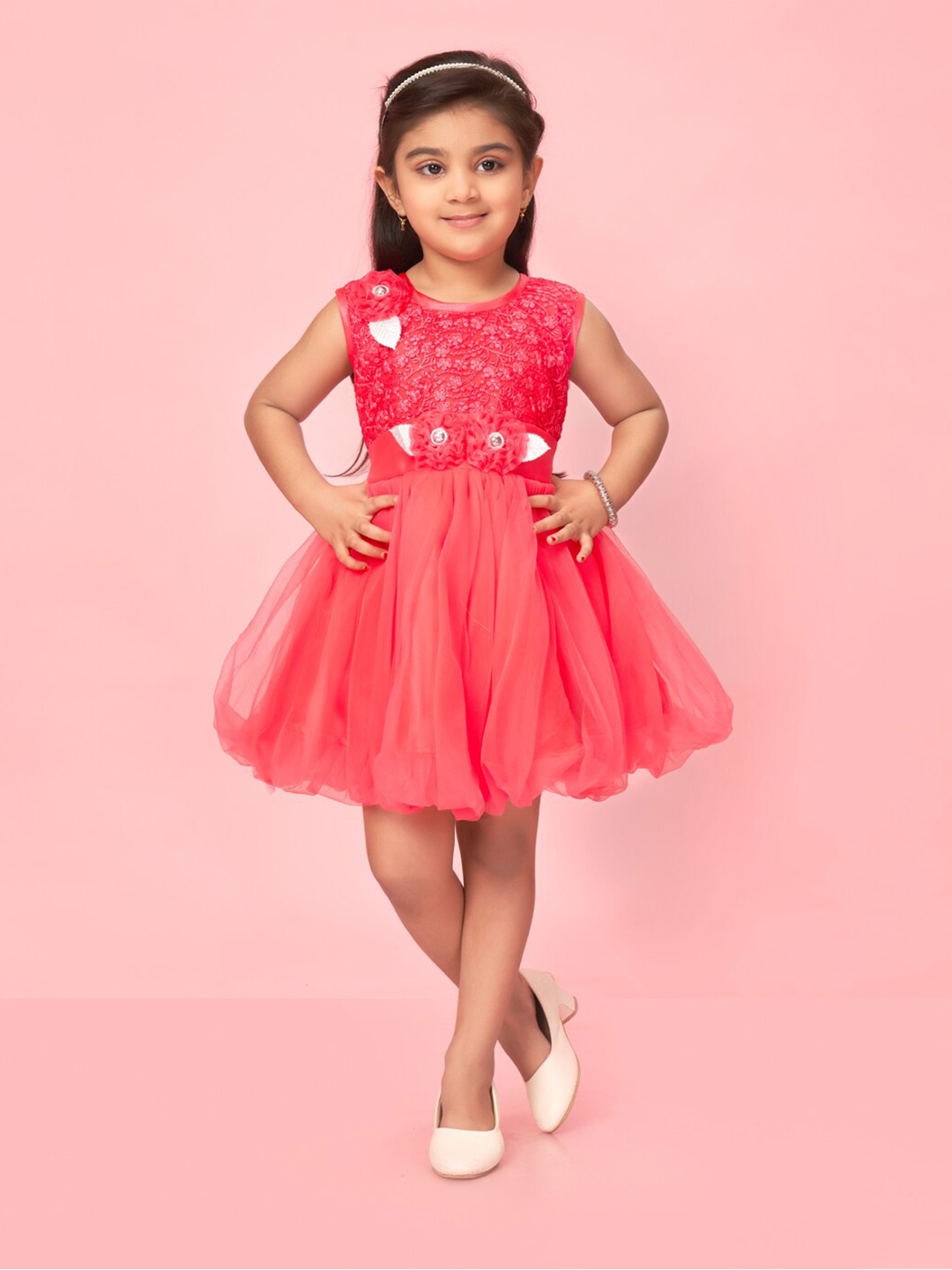 

Muhuratam Girls Floral Embellished Net Fit & Flare Dress, Red