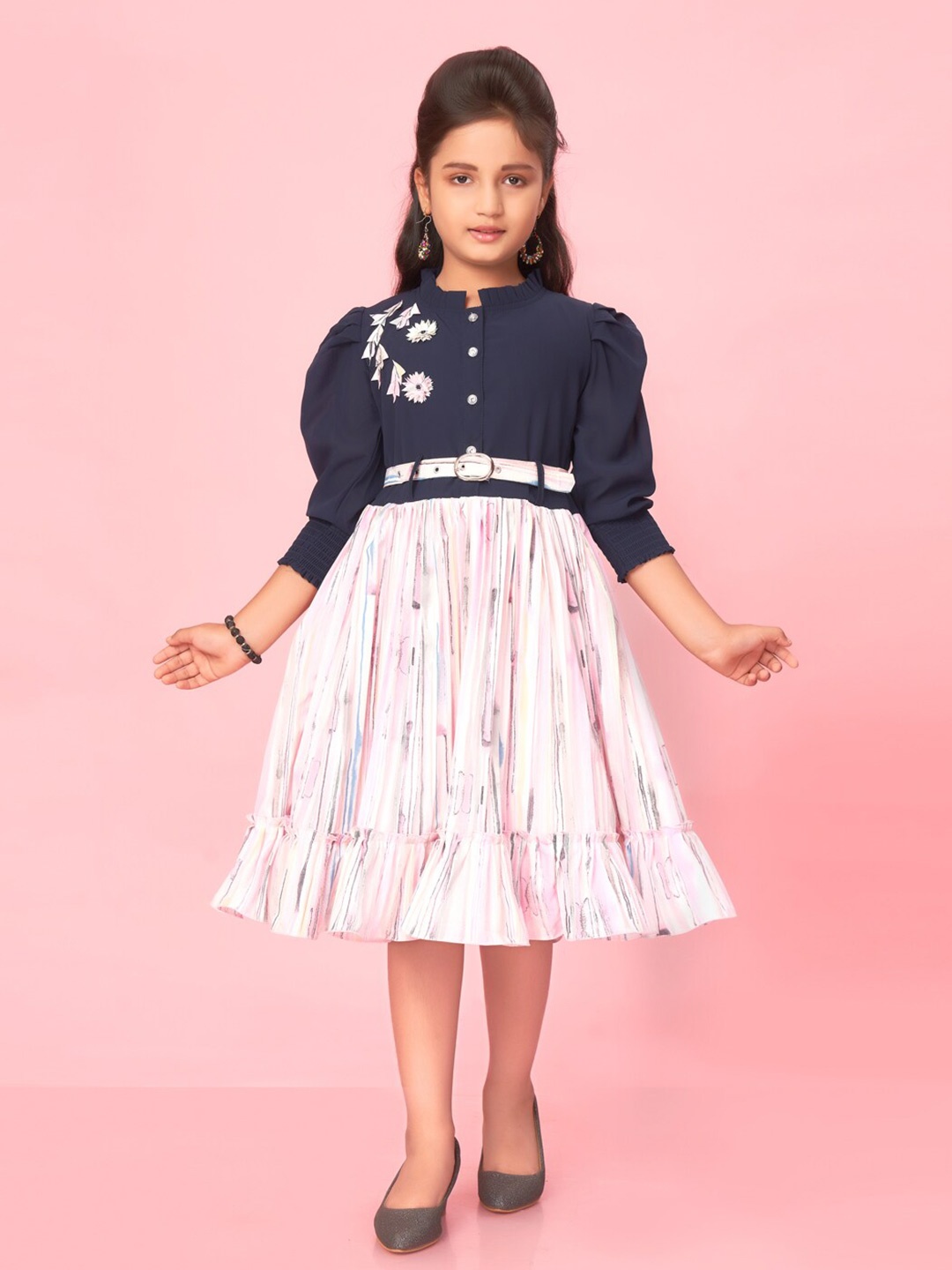 

Muhuratam Girls Floral Puff Sleeves Georgette Shirt Dress, Pink