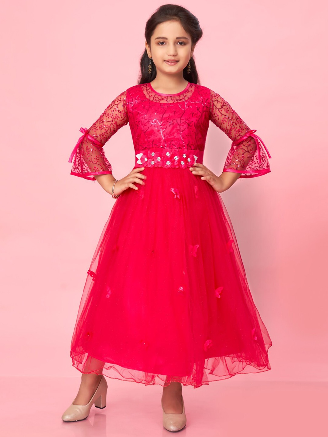 

Muhuratam Girls Embellished Bell Sleeves Maxi Dress, Pink