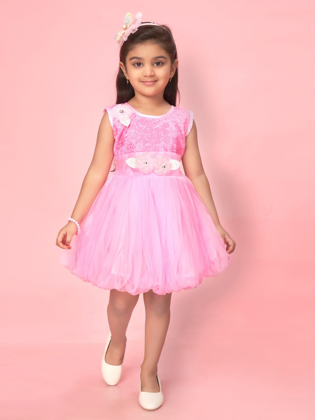 

Muhuratam Girls Floral Embellished Net Fit & Flare Dress, Pink