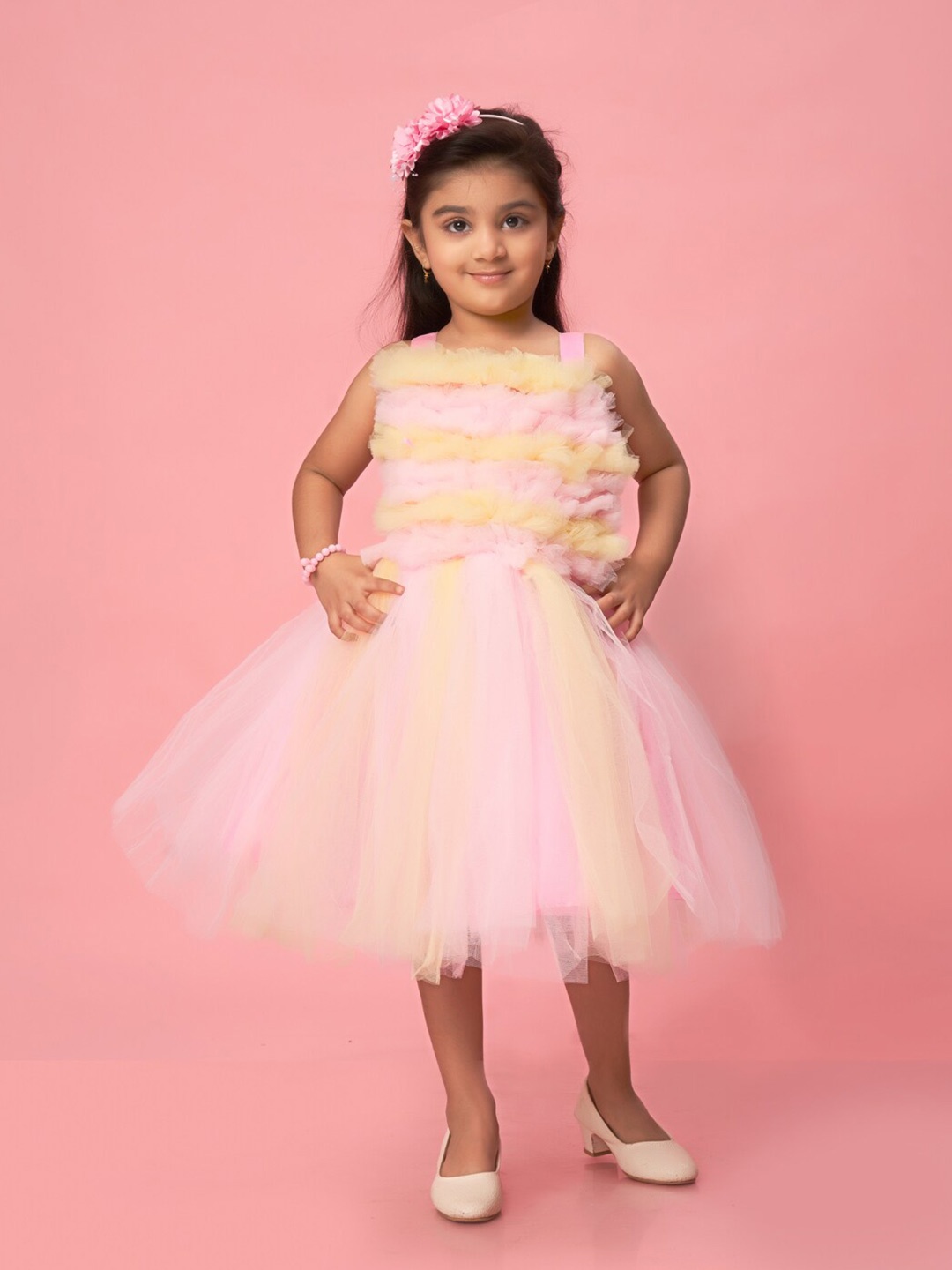 

Muhuratam Girls Self Design Net Fit & Flare Dress, Pink