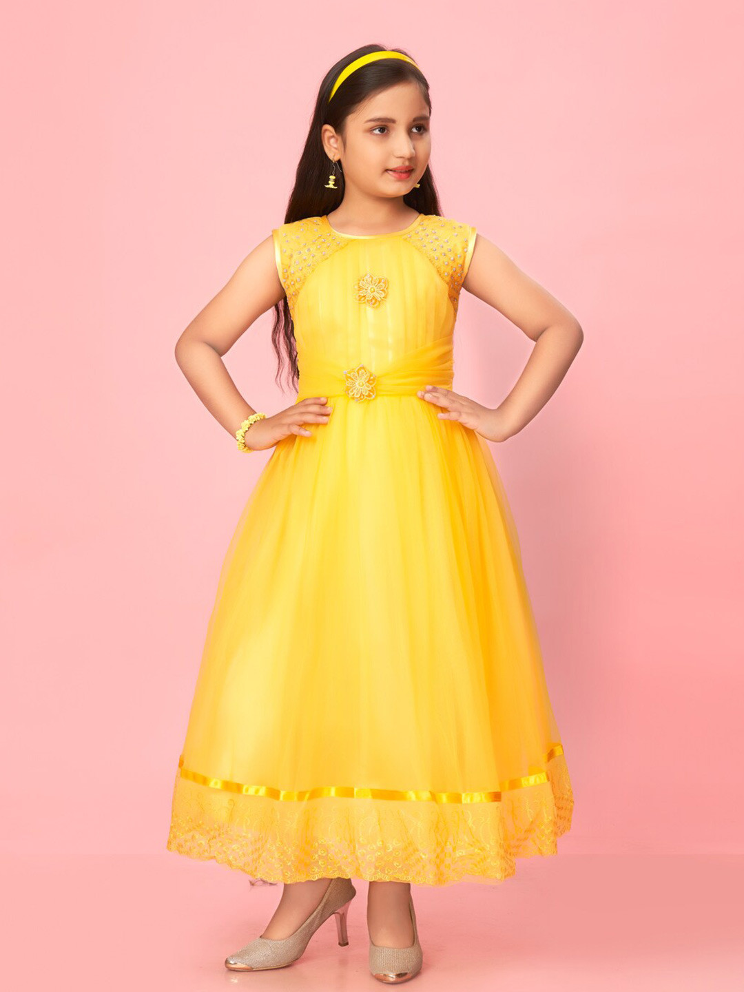 

Muhuratam Girls Floral Embellished Maxi Dress, Yellow