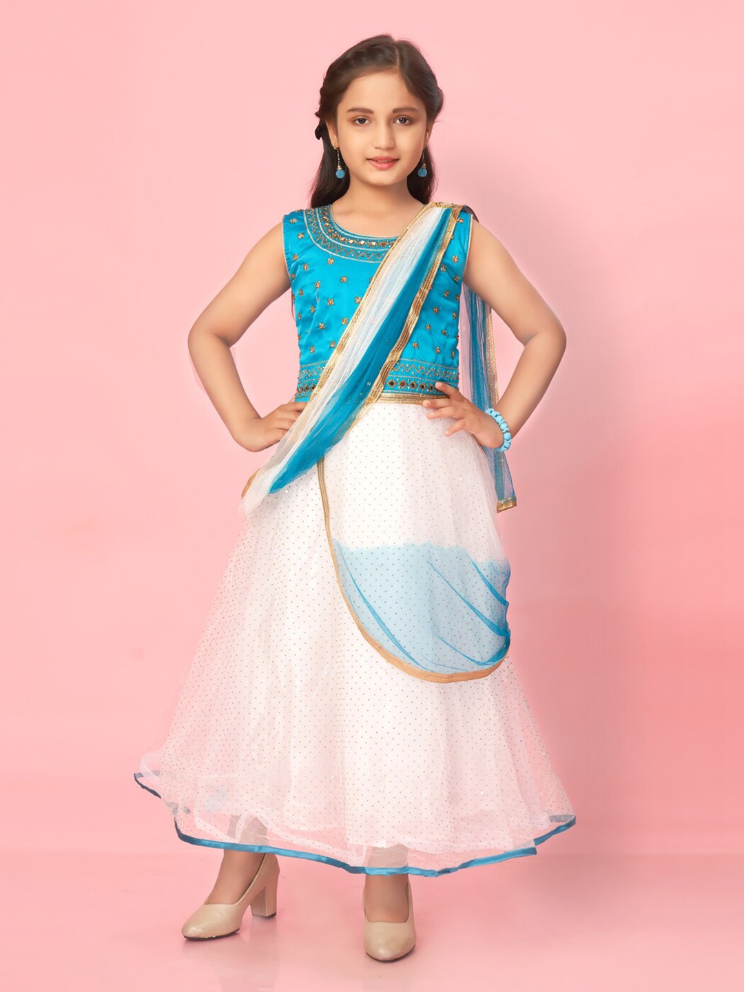 

Muhuratam Girls Net Maxi Gown Dress With Dupatta, Turquoise blue