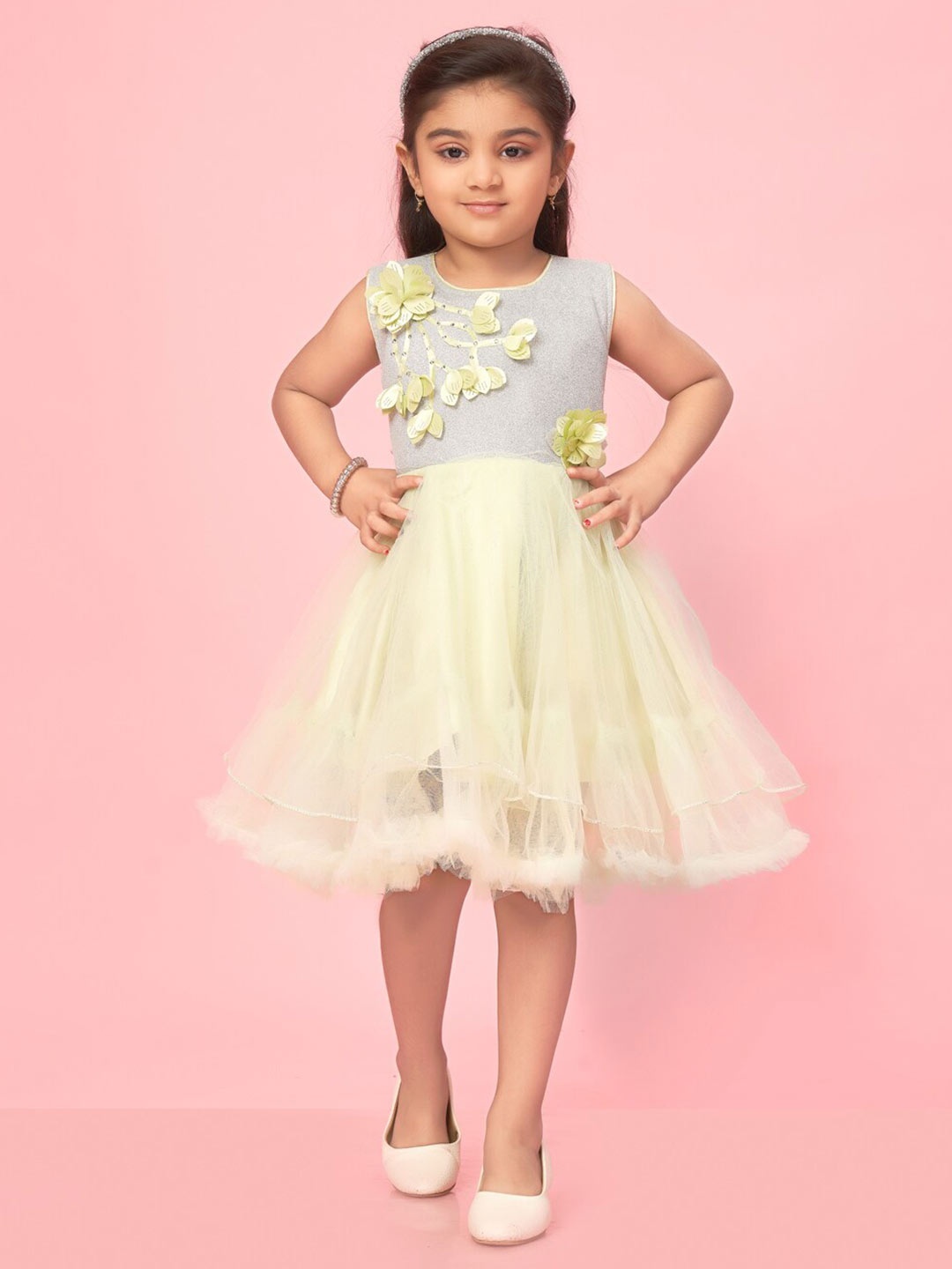 

Muhuratam Girls Floral Self Design Net Fit & Flare Dress, Sea green