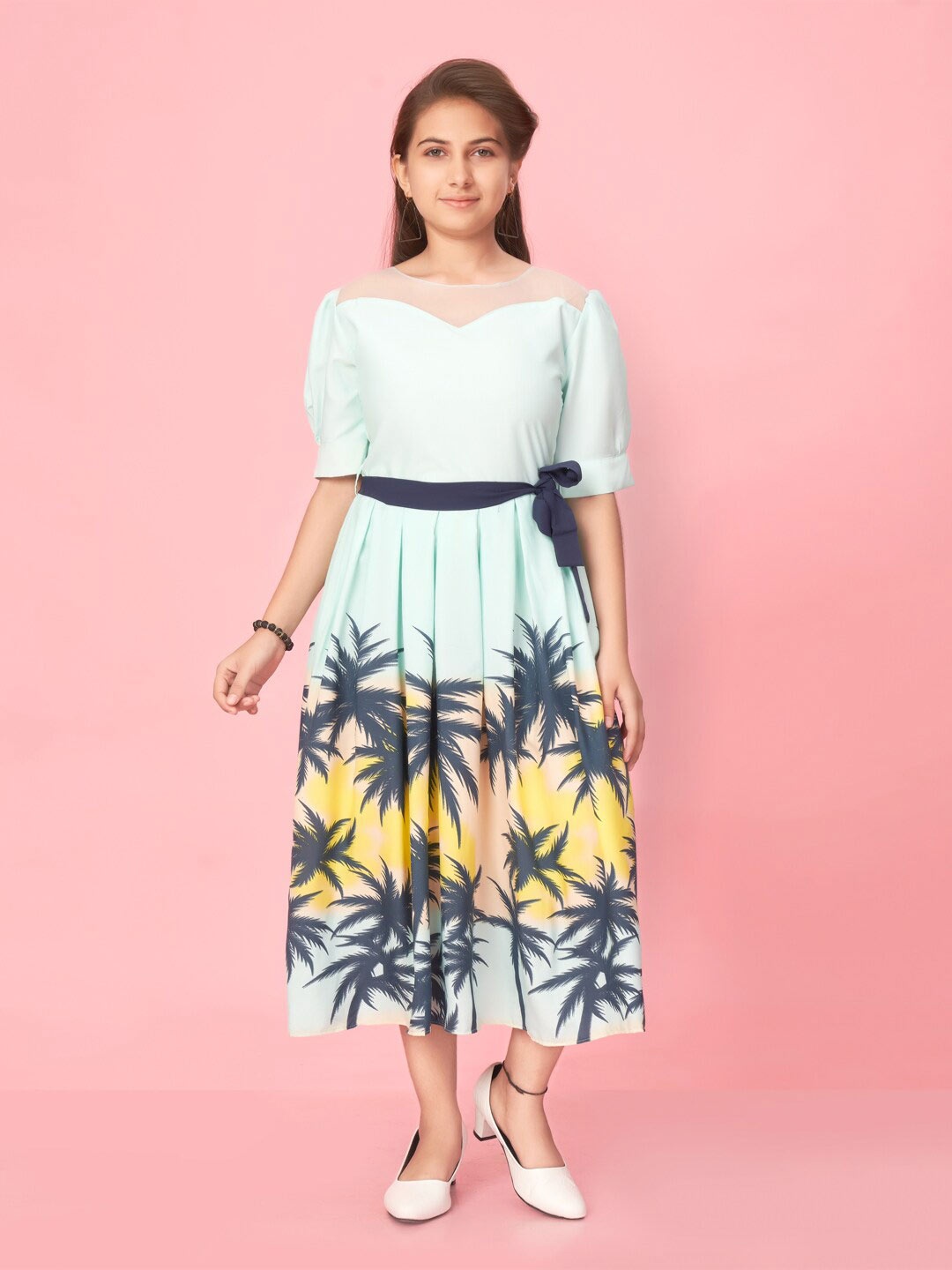 

Muhuratam Girls Floral Printed Net Midi Dress, Green