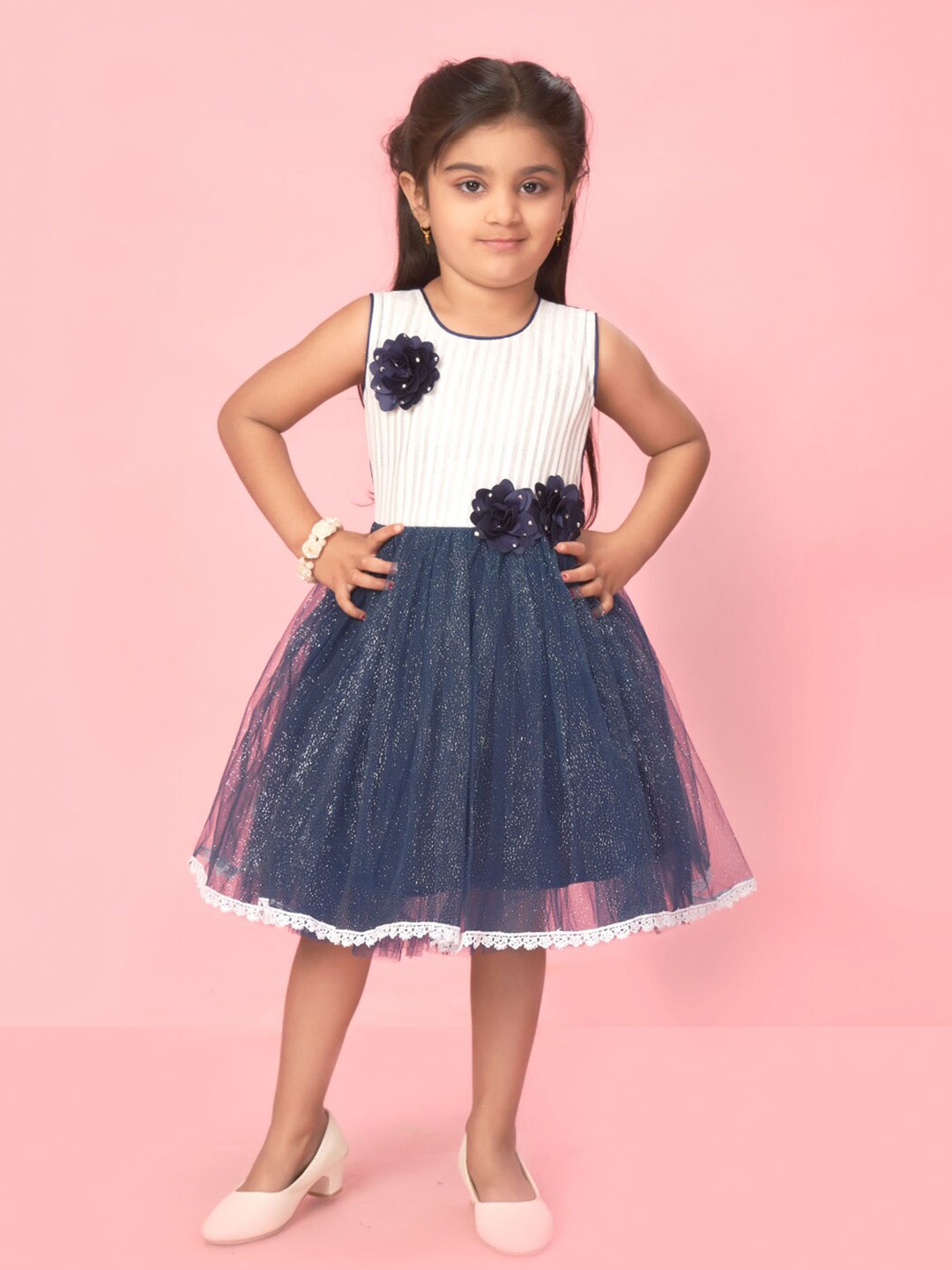 

Muhuratam Girls Floral Self Design Net Fit & Flare Dress, Navy blue