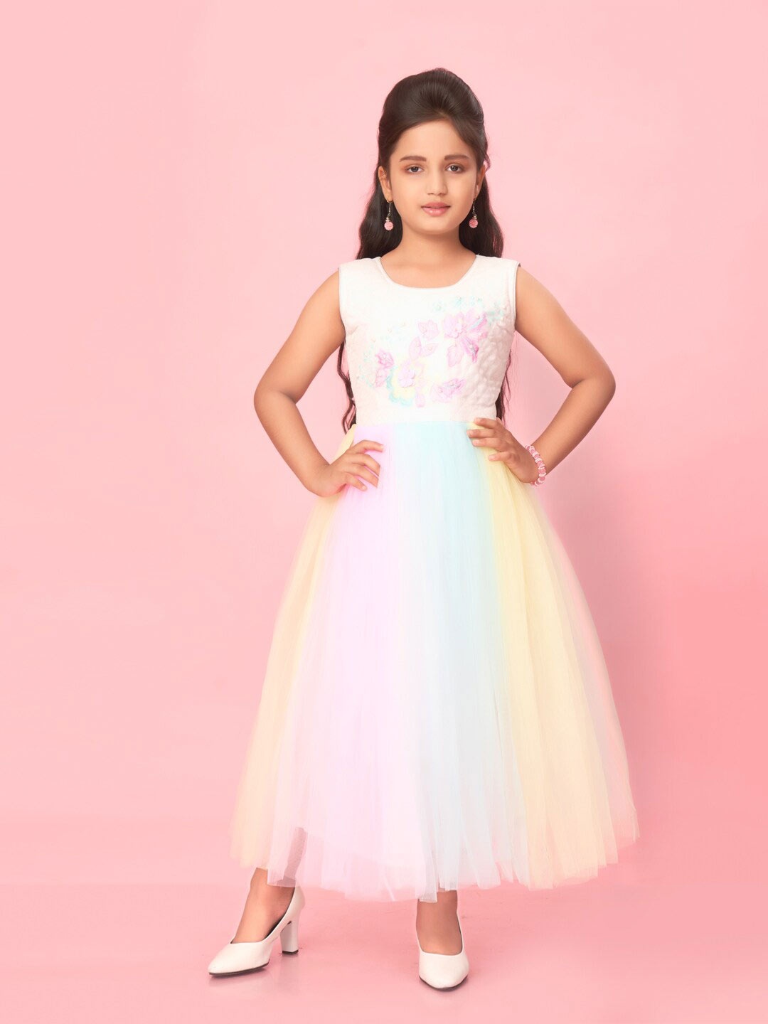 

Muhuratam Girls Floral Embellished Net Fit & Flare Dress, Pink