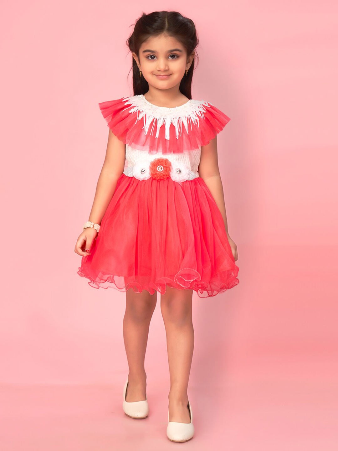 

Muhuratam Girls Floral Embellished Net Fit & Flare Dress, Red