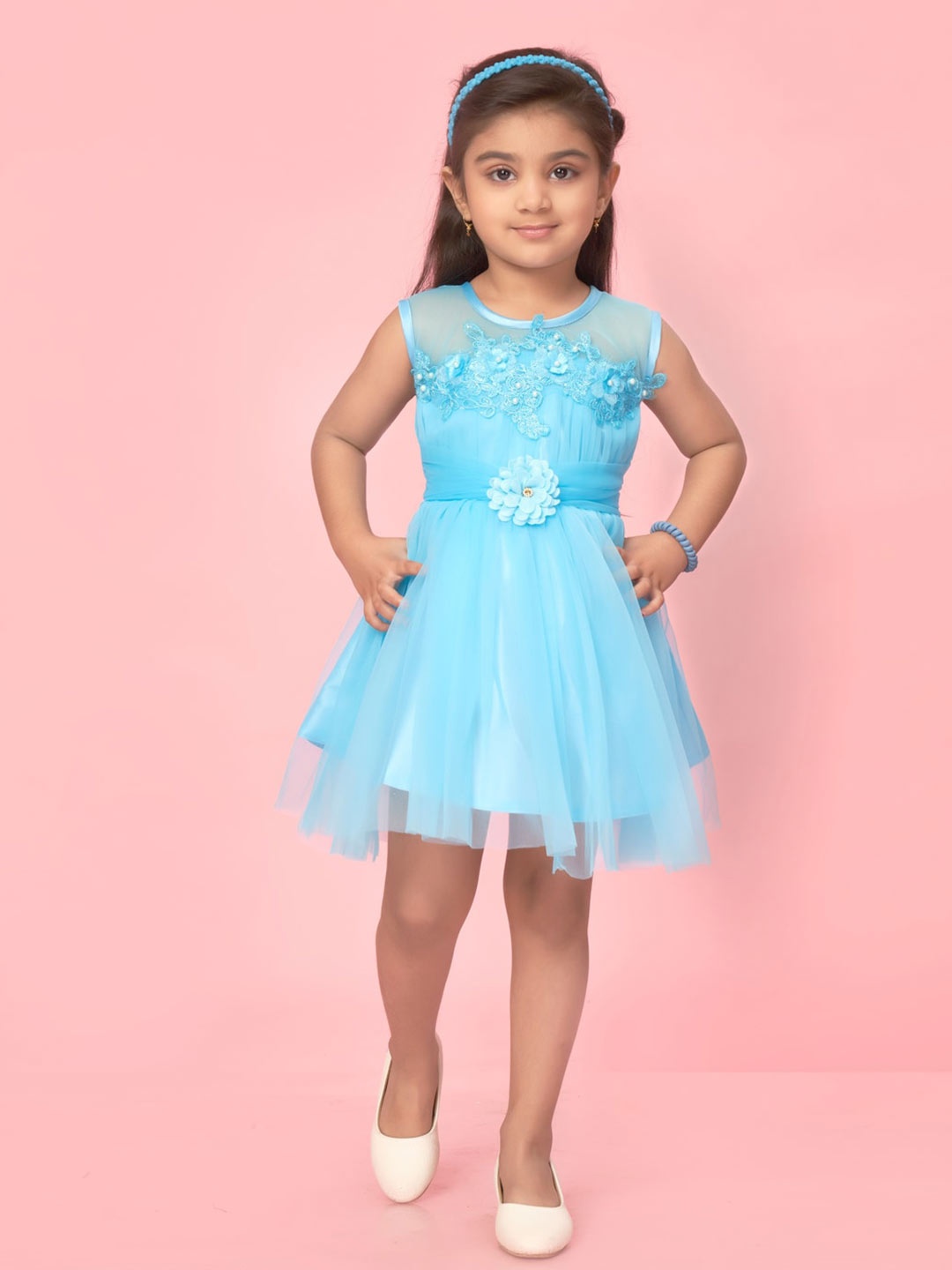 

Muhuratam Girls Floral Embellished Net Fit & Flare Dress, Turquoise blue