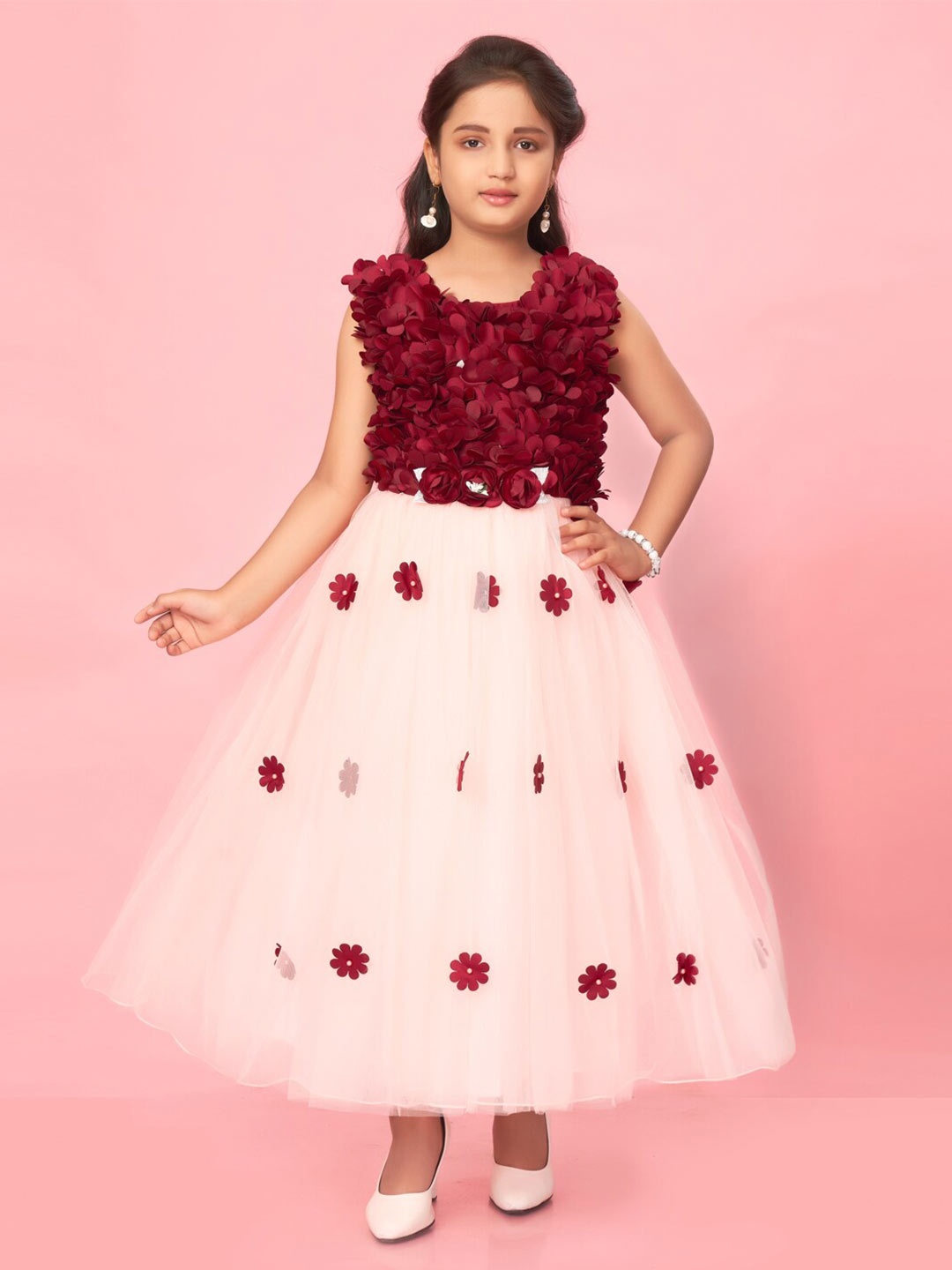 

Muhuratam Girls Floral Self Design Net Maxi Dress, Maroon