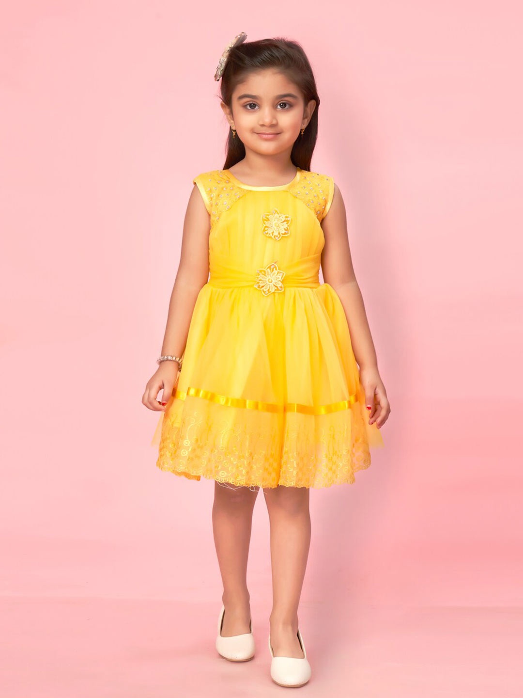

Muhuratam Girls Floral Embellished Net Fit & Flare Dress, Yellow