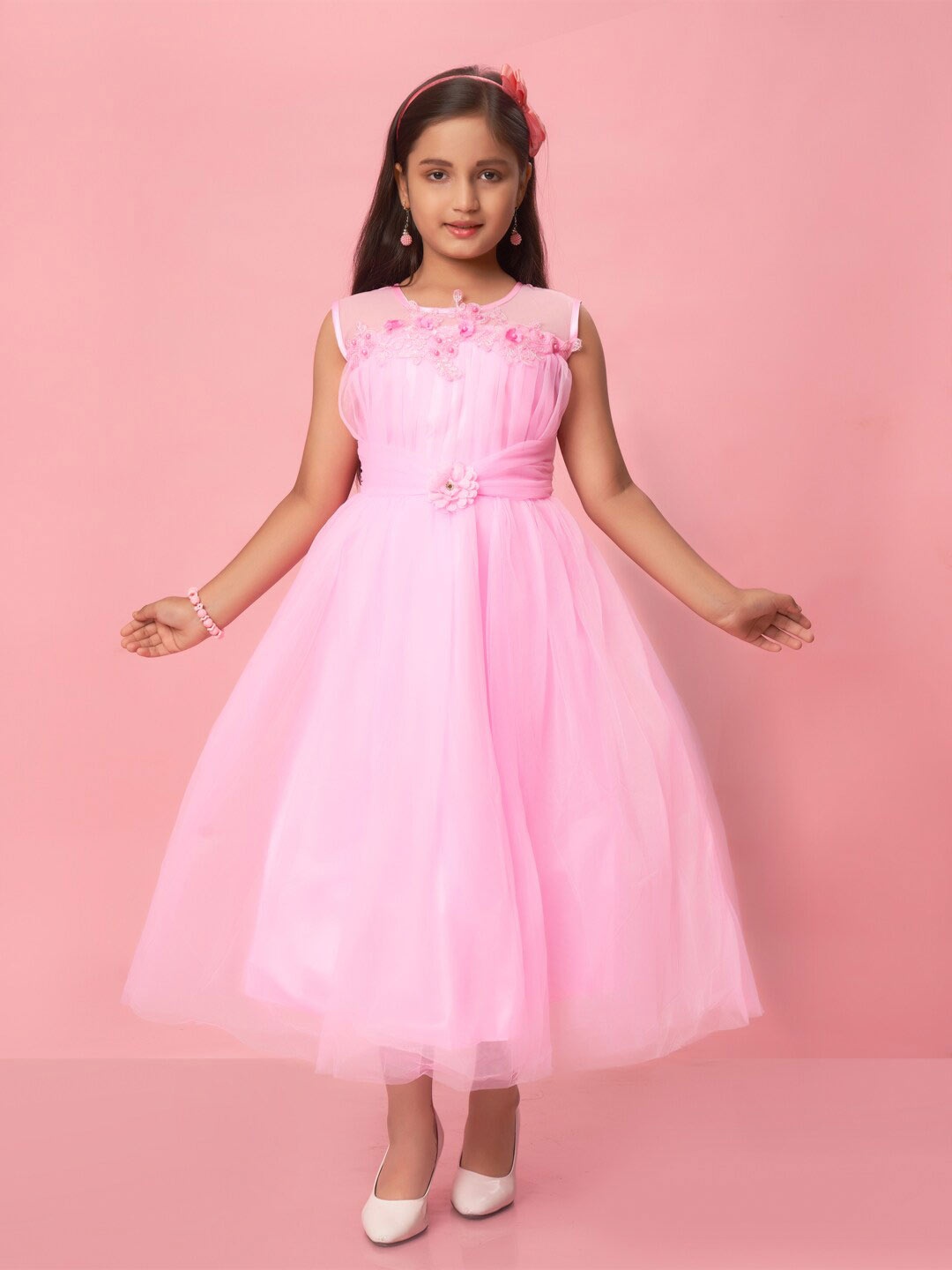 

Muhuratam Girls Floral Embellished Net Maxi Dress, Pink
