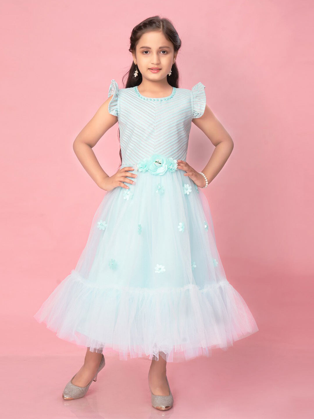 

Muhuratam Girls Floral Embellished Net Fit & Flare Dress, Turquoise blue