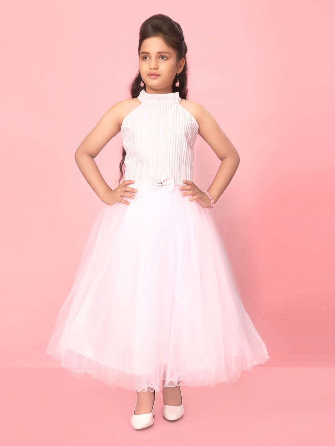 

Muhuratam Girls Striped Bow Detail Net Maxi Dress, Pink