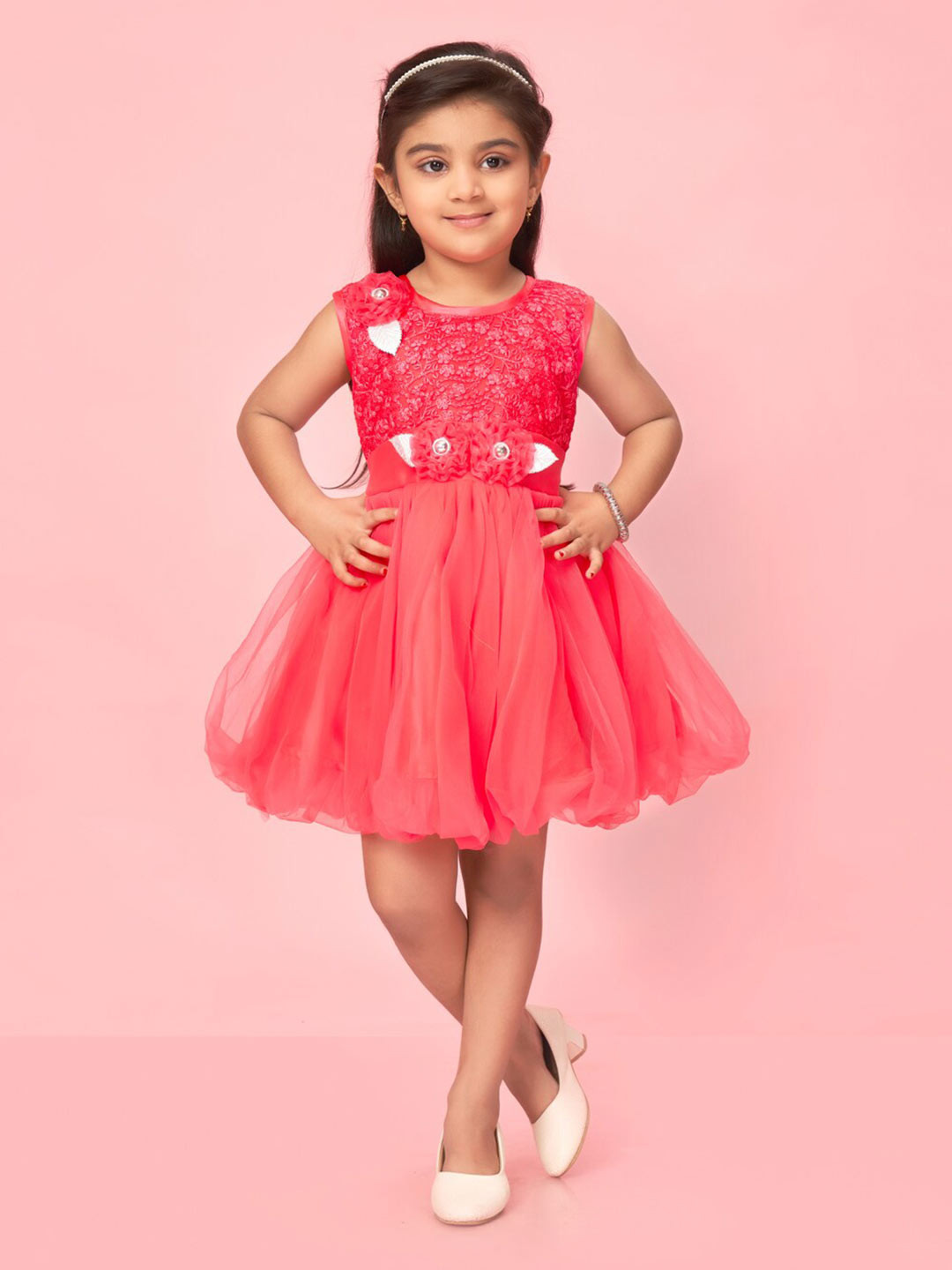 

Muhuratam Girls Net Embellished Fit & Flare Party Dress, Red