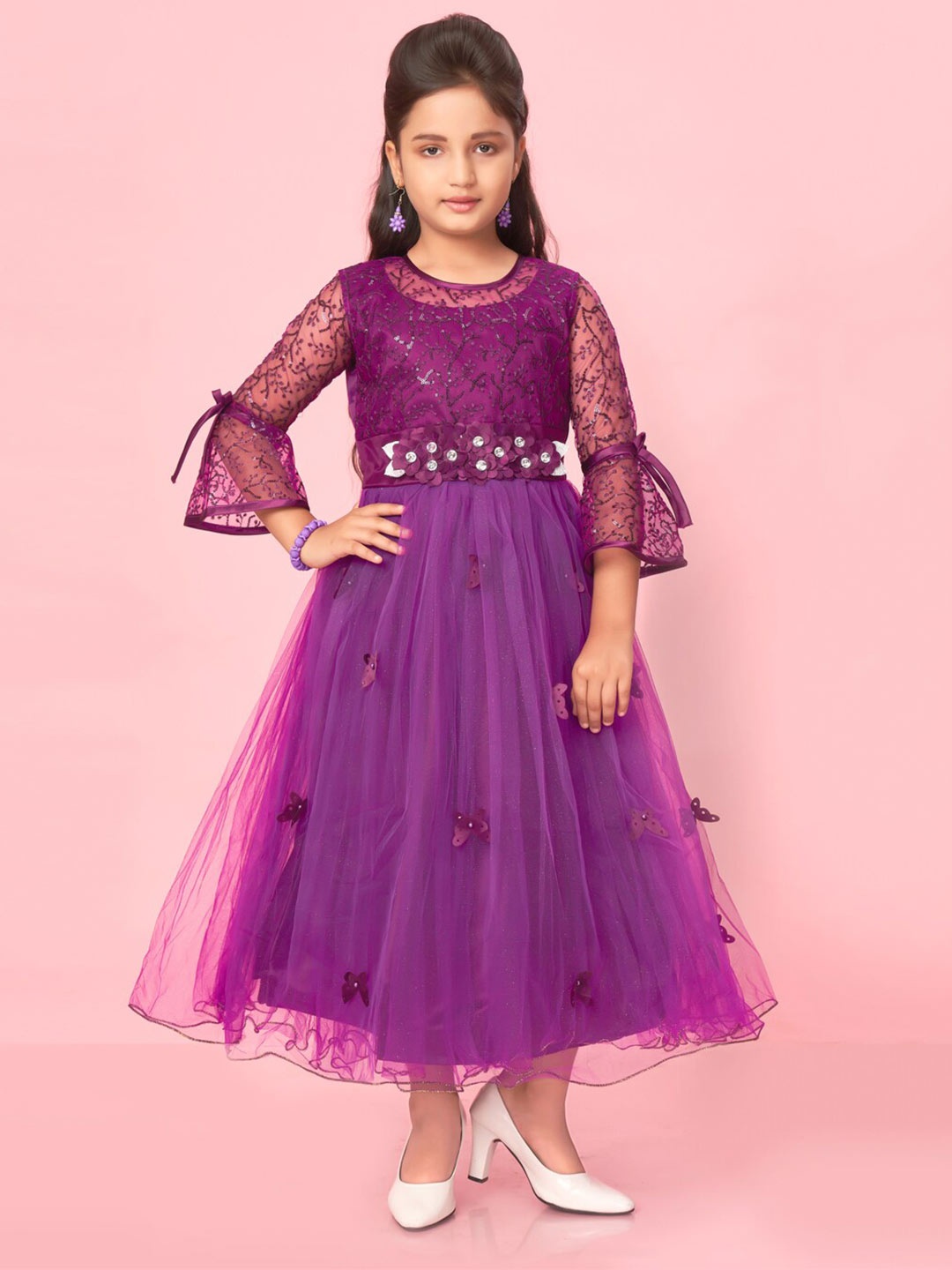 

Muhuratam Girls Embellished Net Bell Sleeve Party Dress, Purple