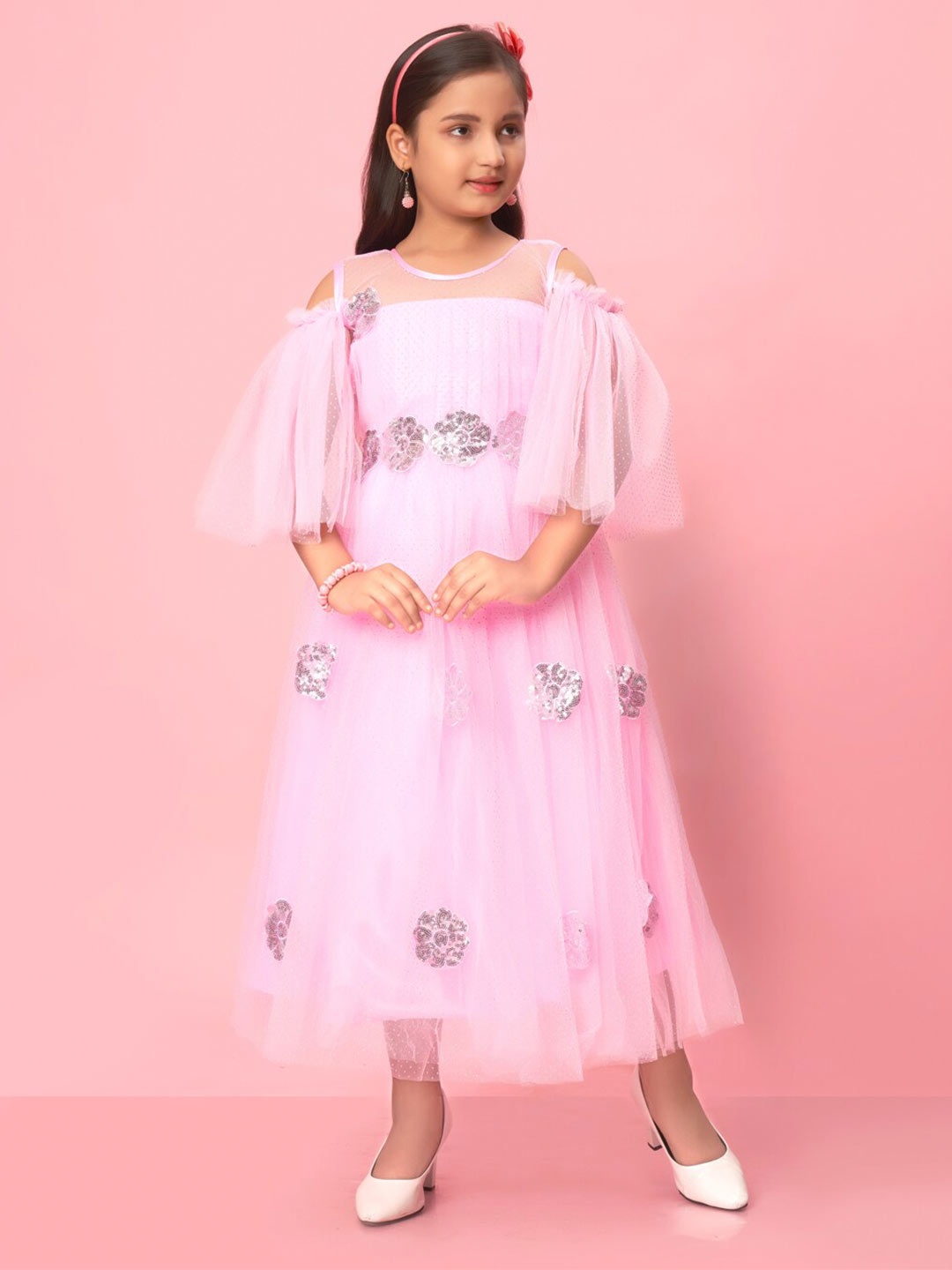 

Muhuratam Girls Embellished Cold Shoulder Sleeve Net Fit & Flare Party Dress, Pink