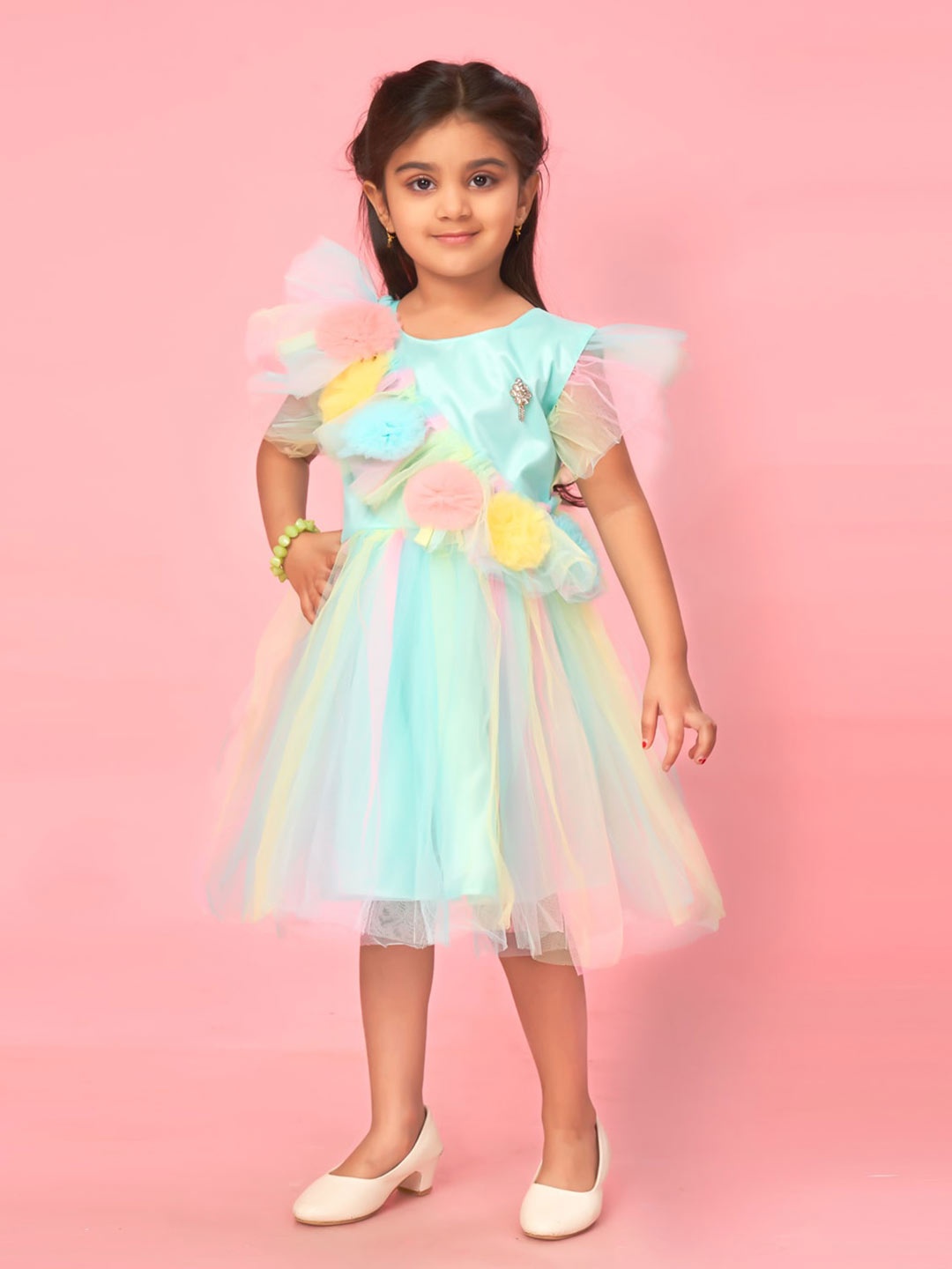

Muhuratam Girls Embellished Fit & Flare Flutter Sleeve Party Dress, Green
