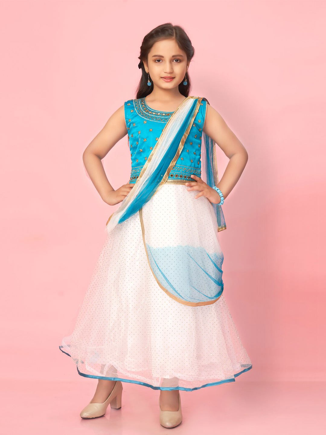 

Muhuratam Girls Embellished Fit & Flare Ethnic Dress, Turquoise blue