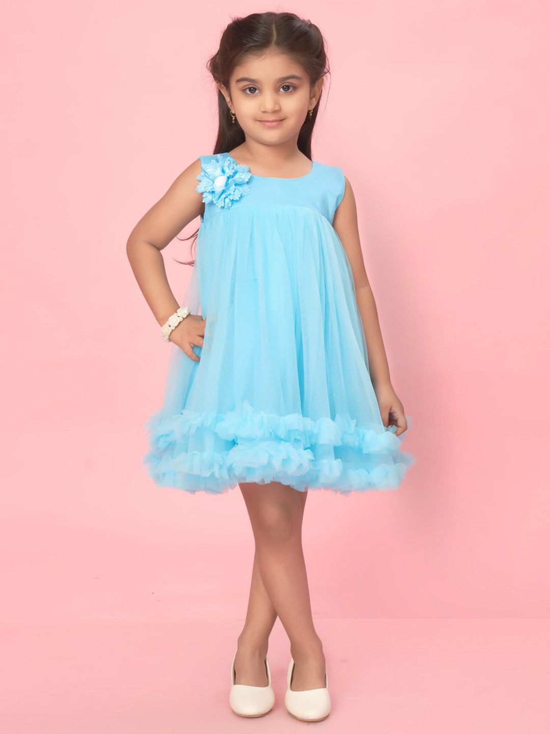 

Muhuratam Girls Ruffled Corsage Detailed Sleeveless Net A-Line Dress, Blue