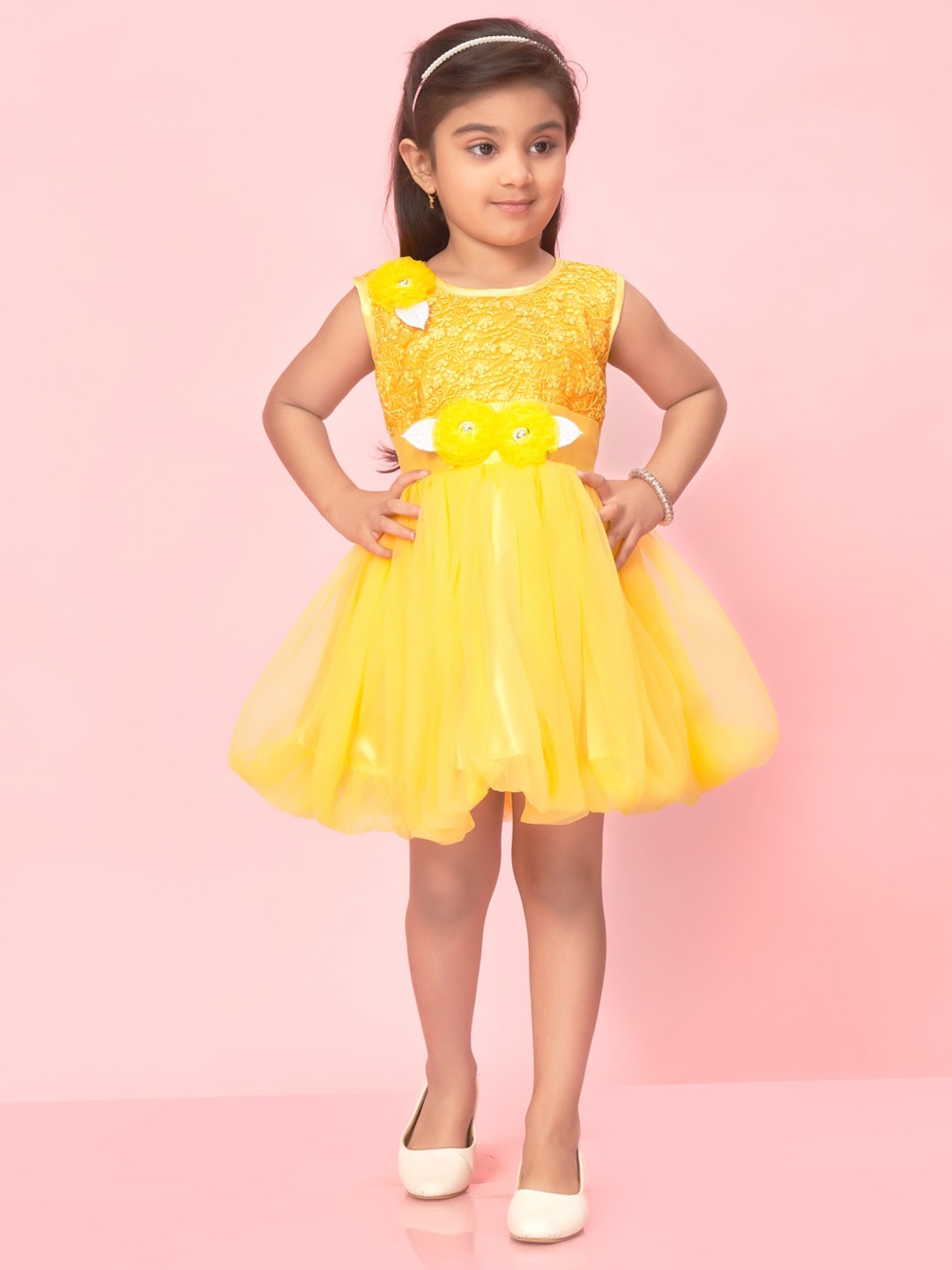 

Muhuratam Girls Corsage Embellished Net Blouson Dress, Yellow