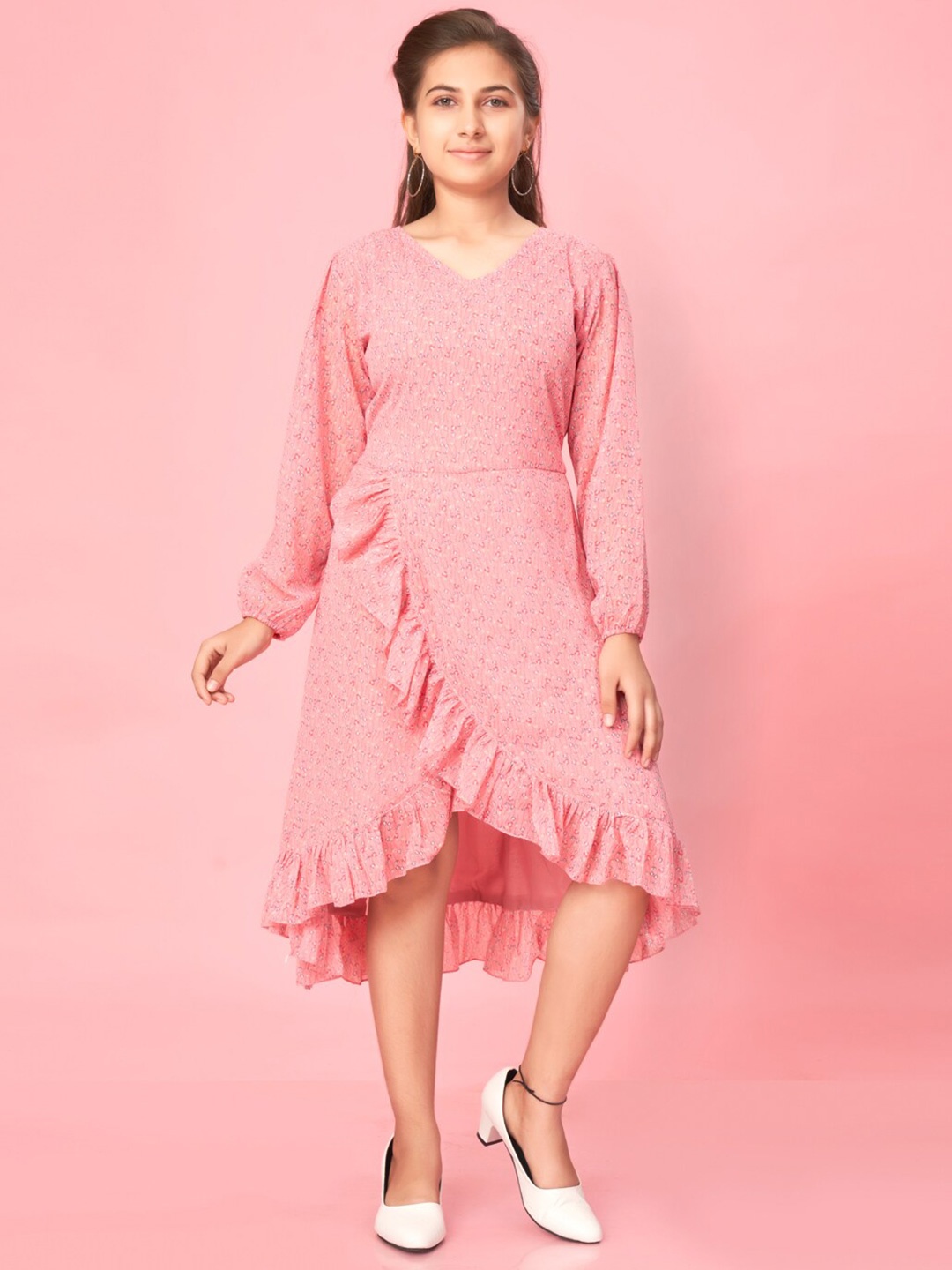 

Muhuratam Girls Floral Printed Long Sleeves Ruffled Tulip Midi Dress, Pink