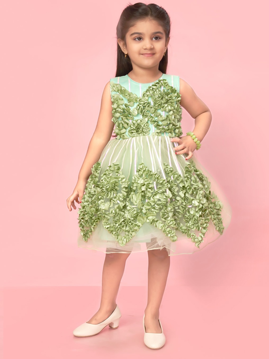 

Muhuratam Girls Floral Embellished Net Fit & Flare Dress, Green