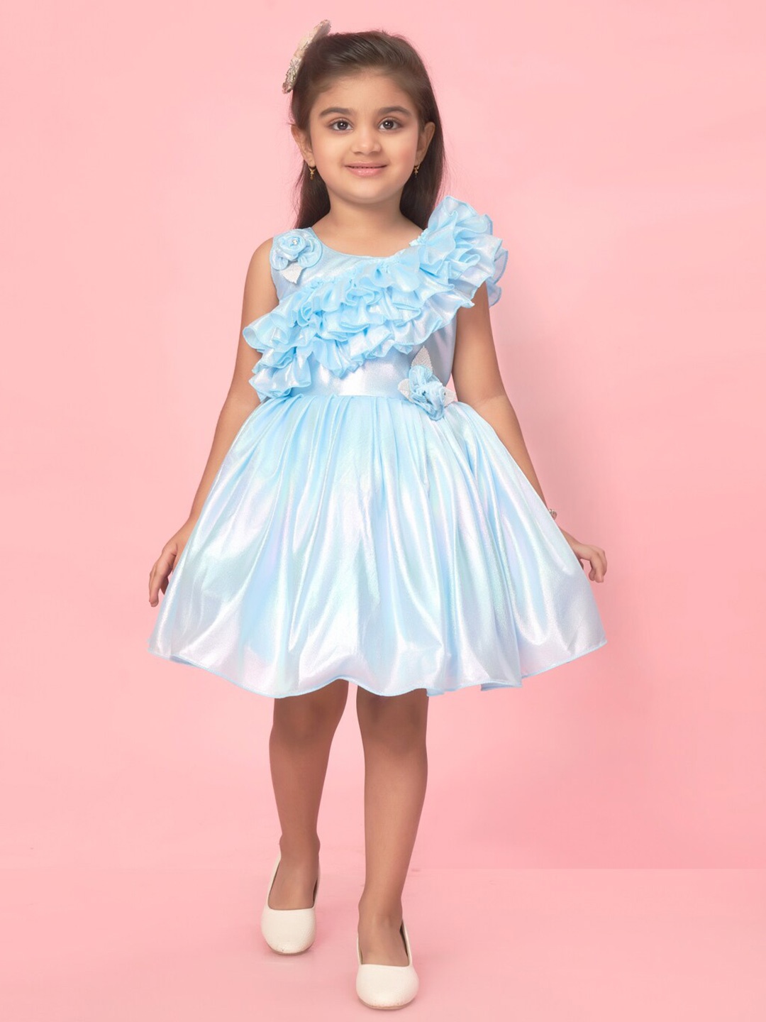 

Muhuratam Girls Ruffled Corsage Detailed Blouson Sheen Dress, Blue