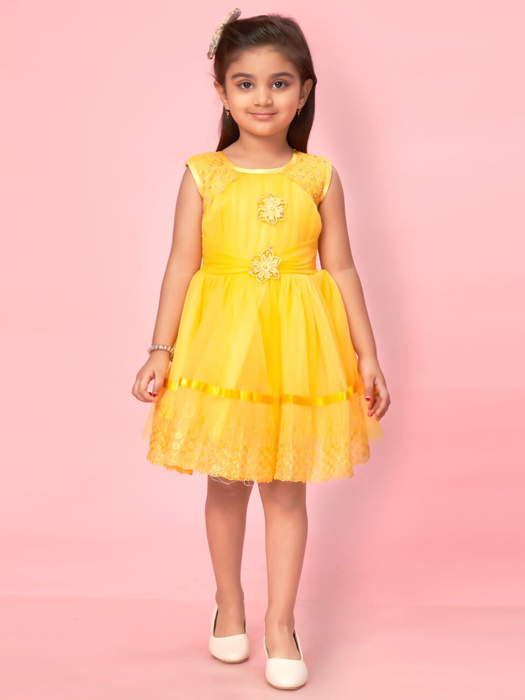 

Muhuratam Girls Pleated Corsage Embellished Net Fit & Flare Dress, Yellow
