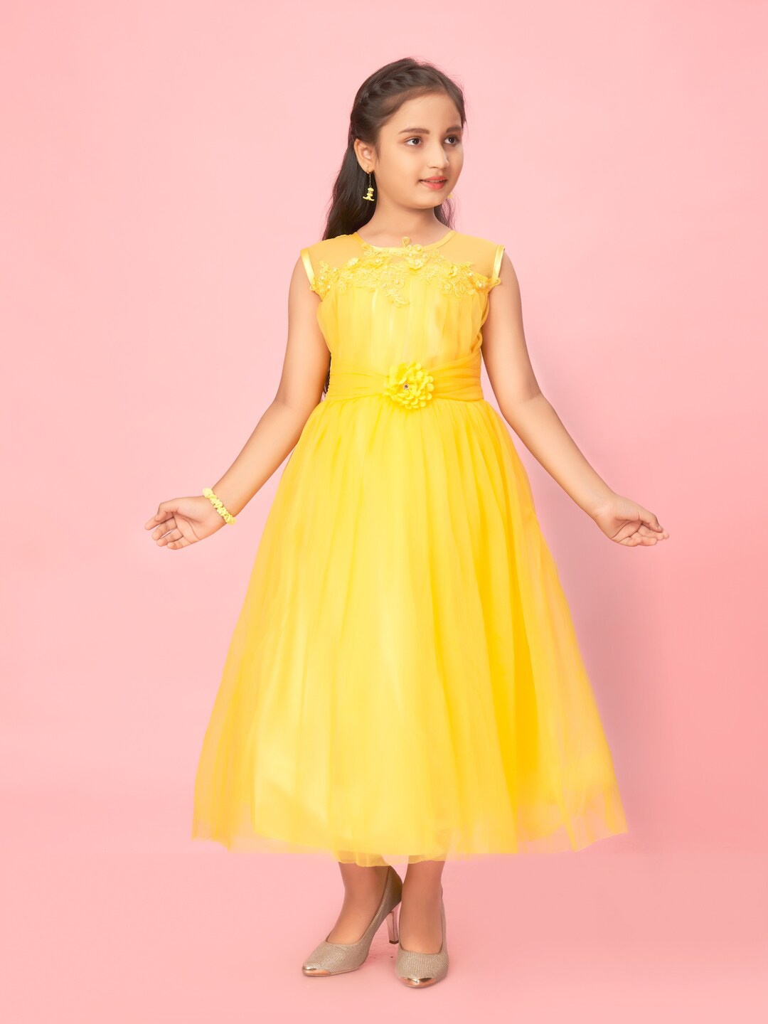 

Muhuratam Girls Pleated Corsage Embellished Net Fit & Flare Maxi Dress, Yellow