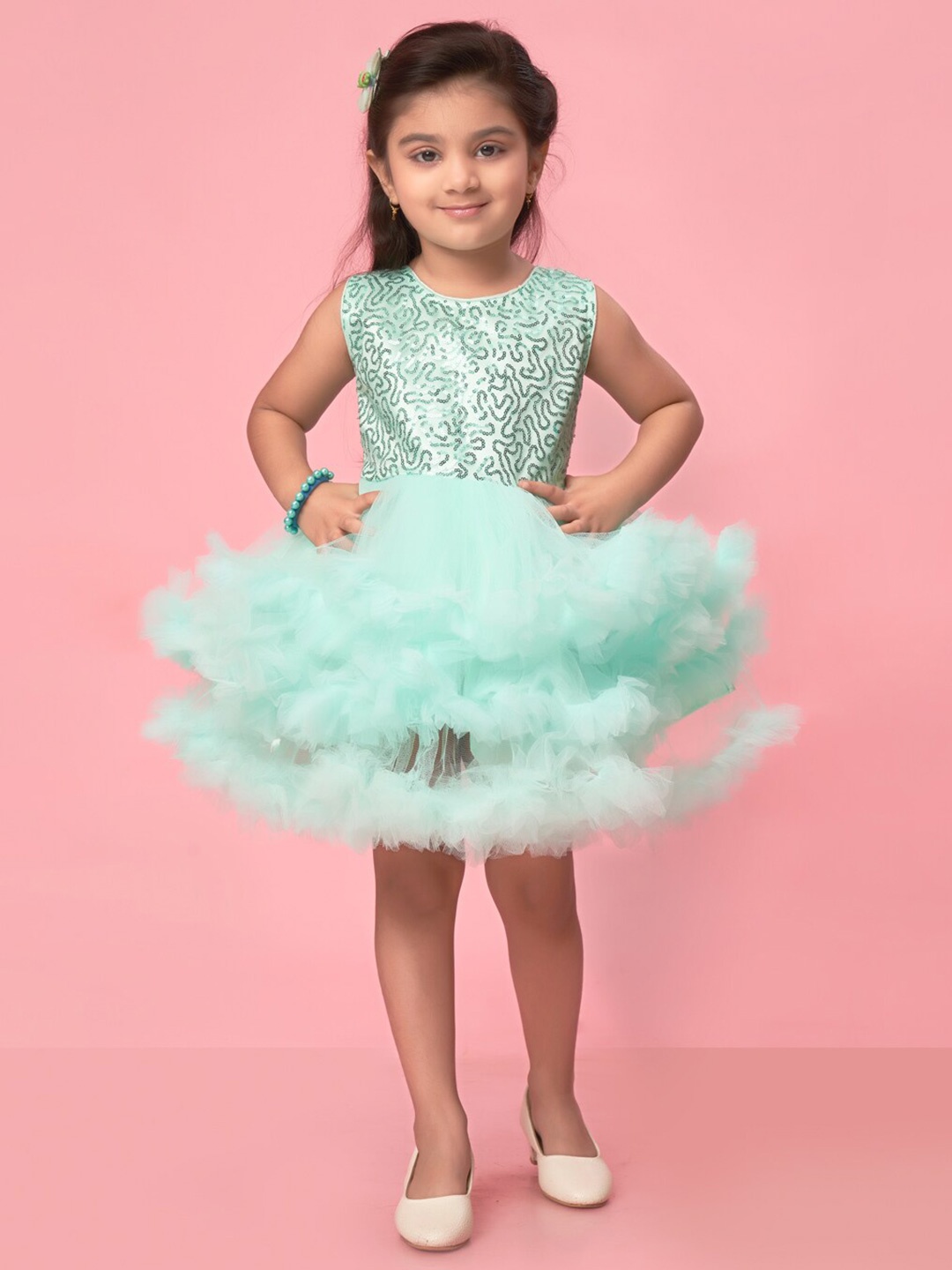 

Muhuratam Girls Bling & Sparkly Ruffled Fit & Flare Dress, Sea green