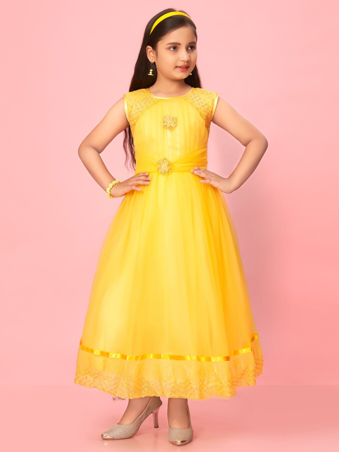 

Muhuratam Girls Embellished Floral Fit & Flare Dress, Yellow