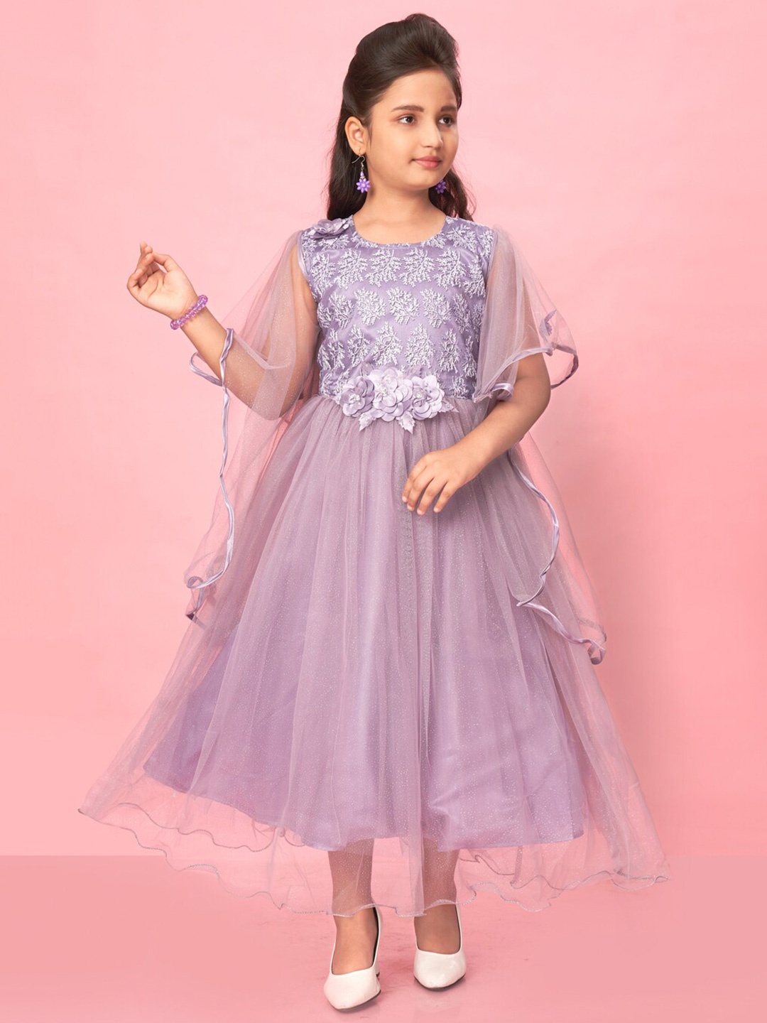 

Muhuratam Girls Embroidery Flutter Sleeve Net Fit & Flare Dress, Purple