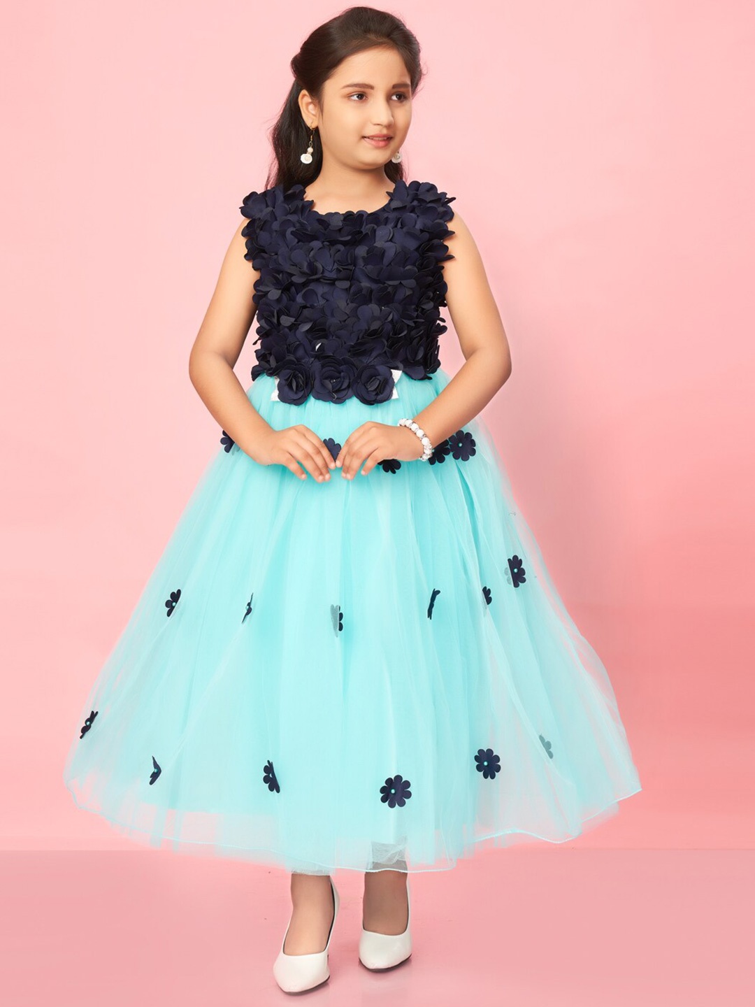 

Muhuratam Girls Corsage Net Fit & Flare Tulle Dress, Turquoise blue