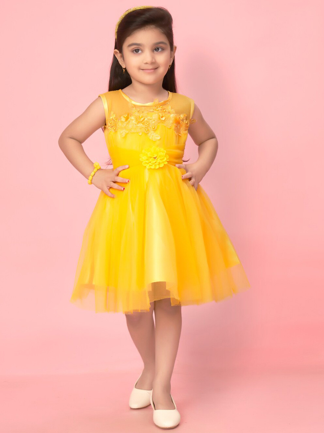 

Muhuratam Girls Lace Up Detailed Fit & Flare Dress, Yellow