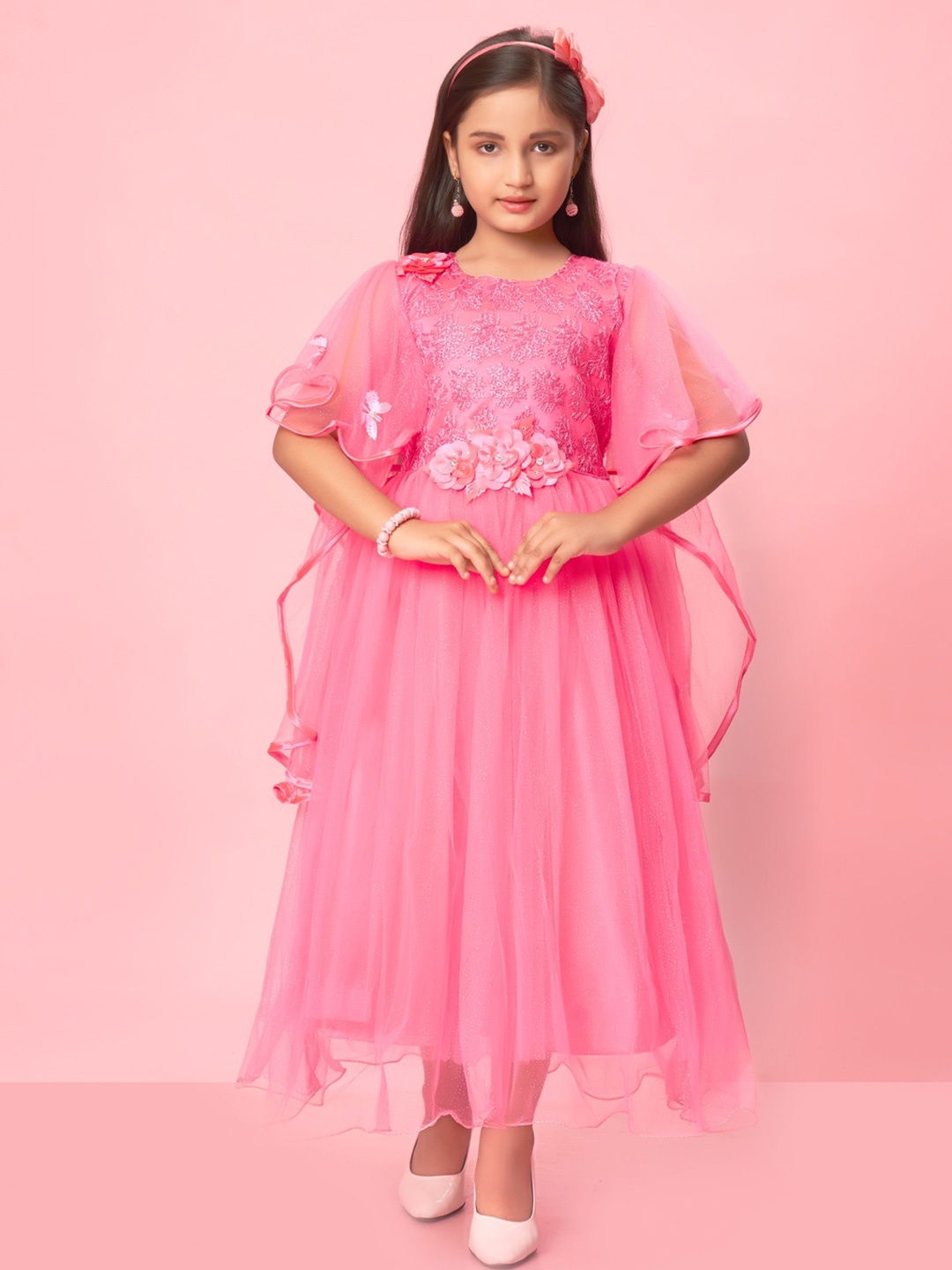 

Muhuratam Girls Floral Embroidered Flutter Sleeves Maxi Fit & Flare Dress, Pink