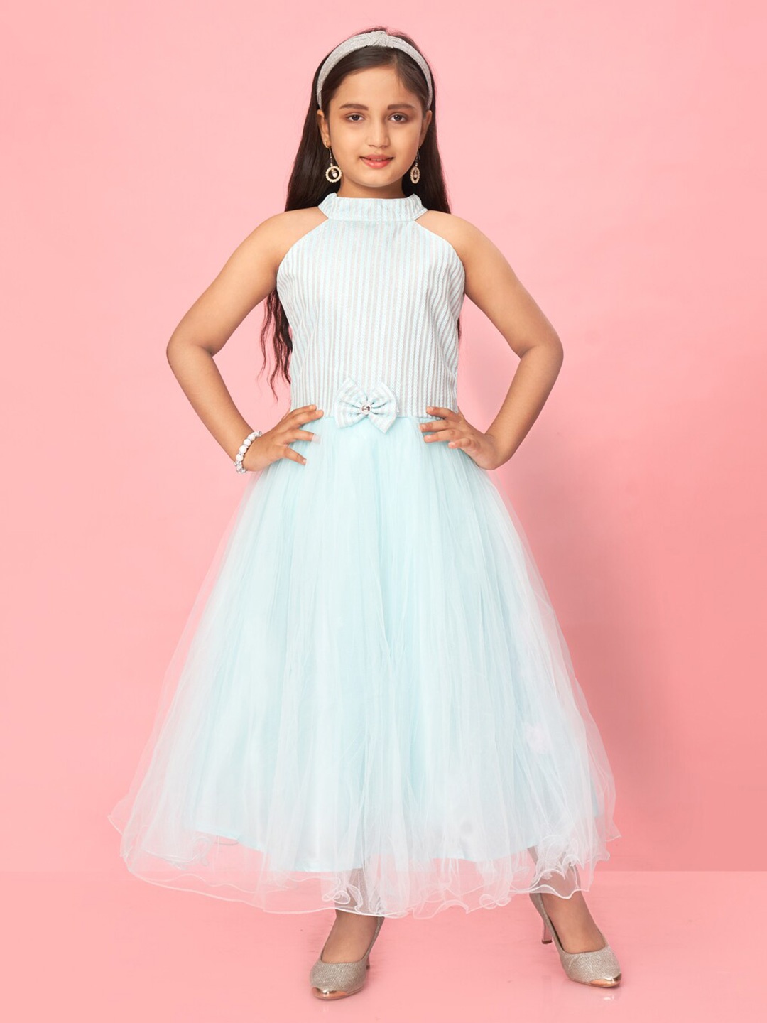 

Muhuratam Girls Striped Halter Neck Maxi Fit & Flare Dress, Blue