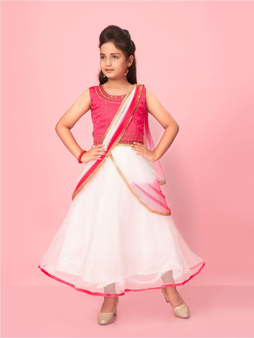 

Muhuratam Girls Embellished Fit & Flare Ethnic Dress With Attached Dupatta, Pink