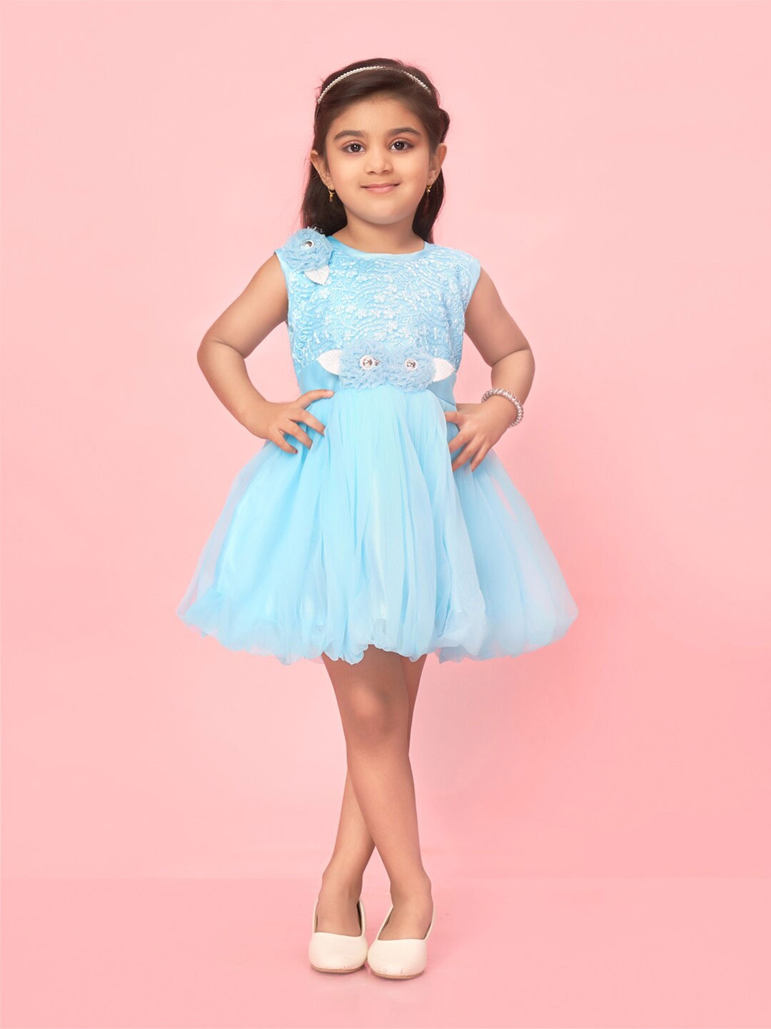 

Muhuratam Girls Embroidery Net Fit & Flare Dress, Turquoise blue