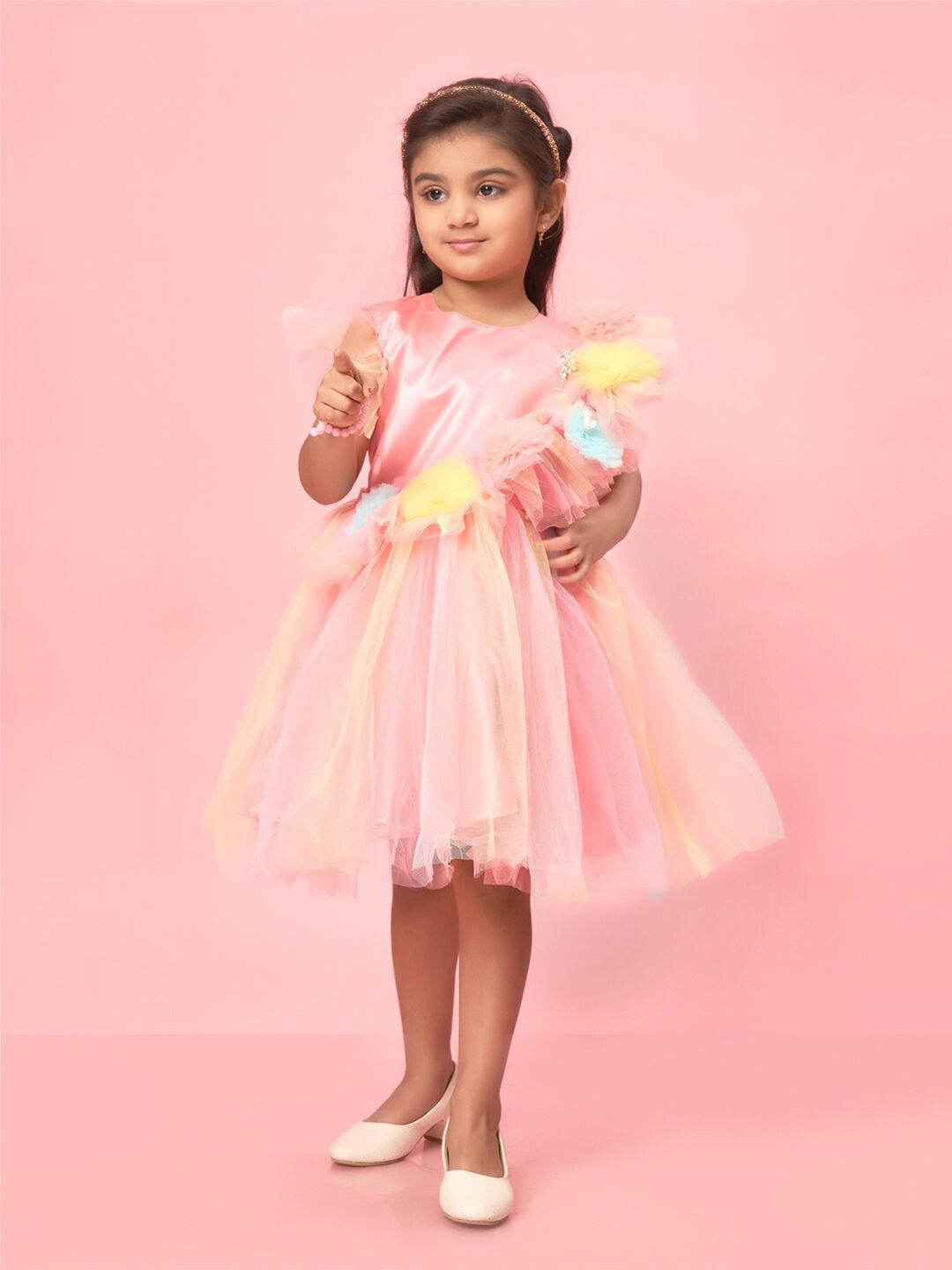 

Muhuratam Girls Flutter Sleeve Net Fit & Flare Dress, Pink