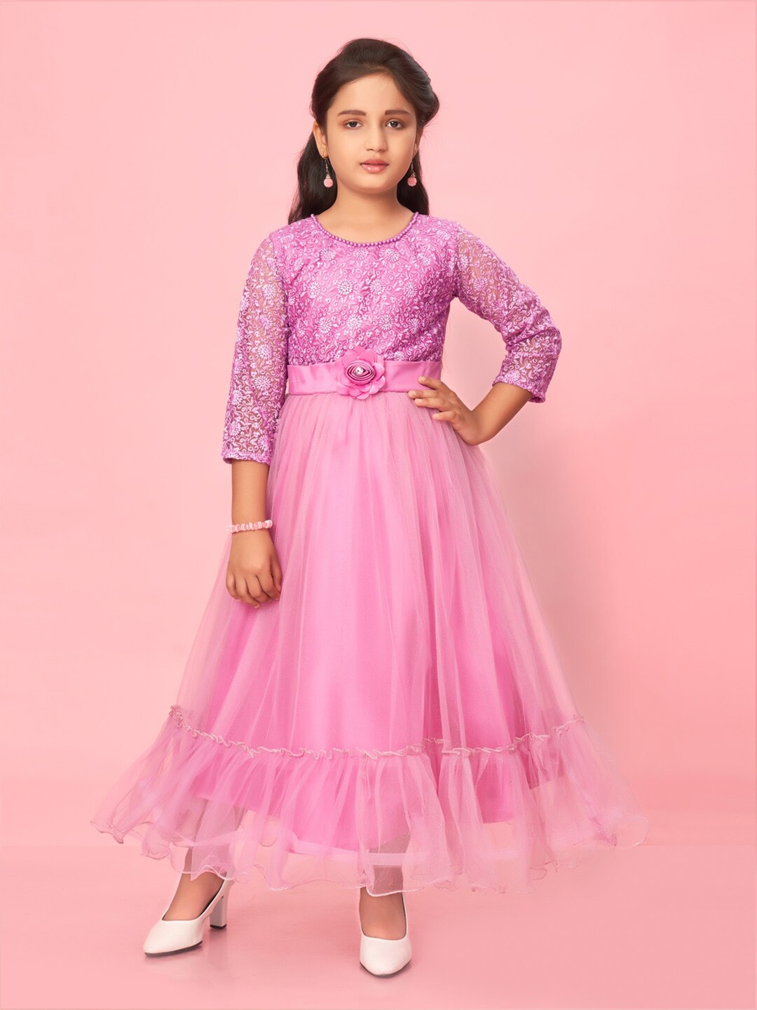 

Muhuratam Girls Embroidery Floral Net Maxi Dress, Purple