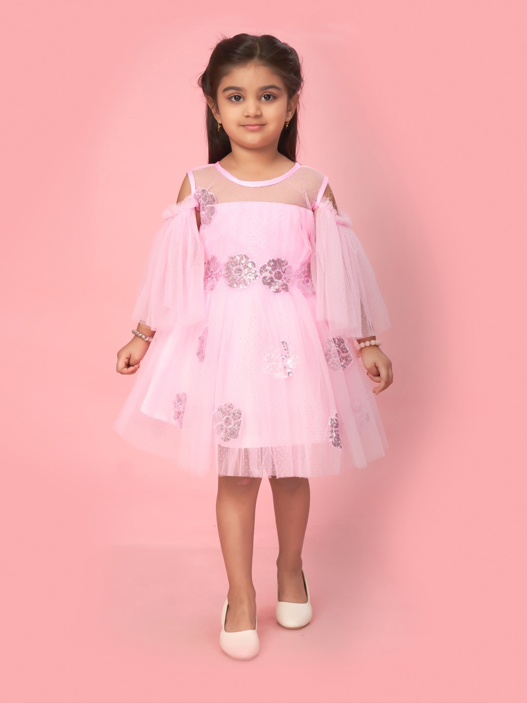 

Muhuratam Girls Embellished Flared Sleeve Net Fit & Flare Dress, Pink