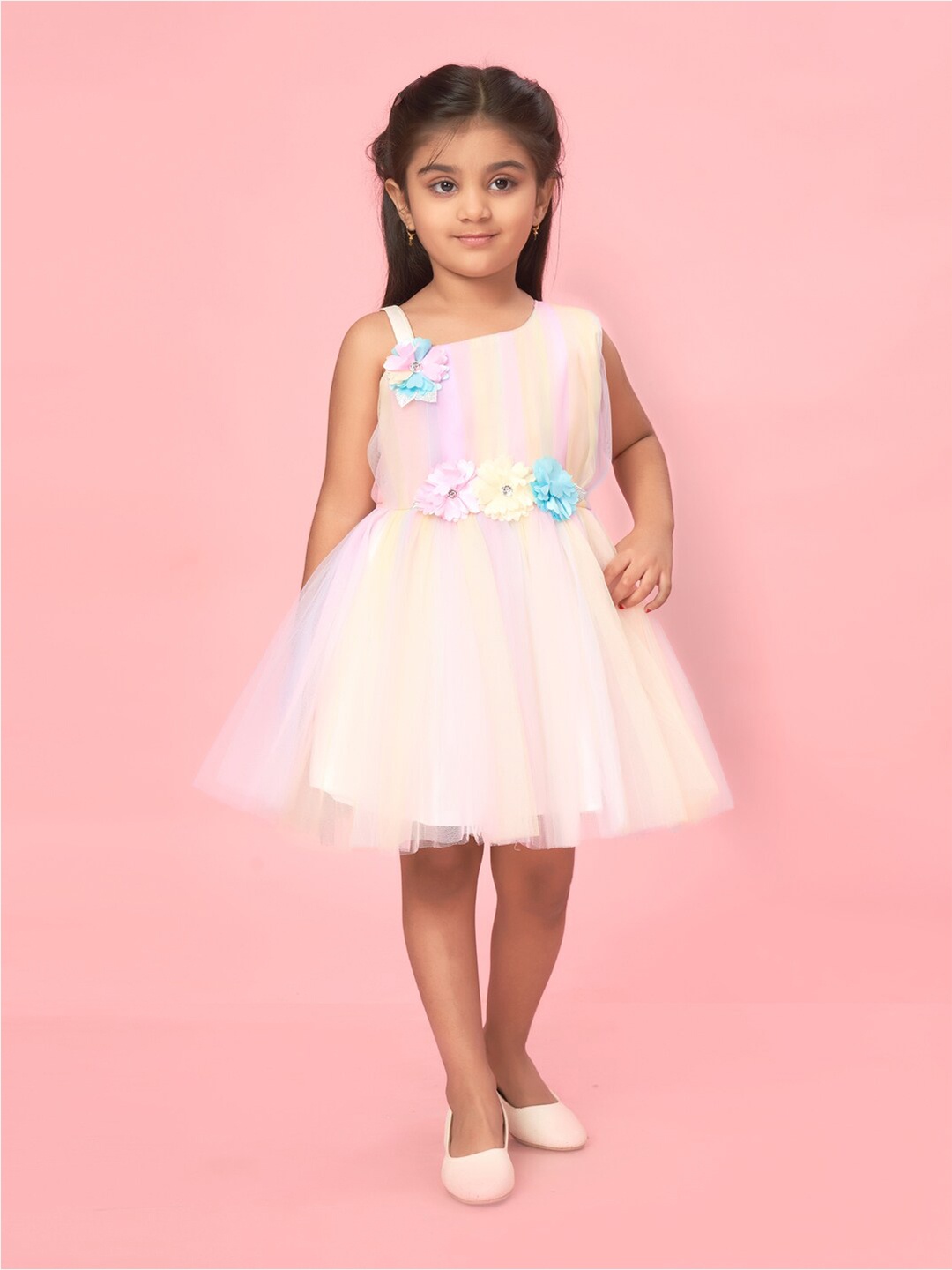 

Muhuratam Girls Striped Net Fit & Flare Dress, Cream