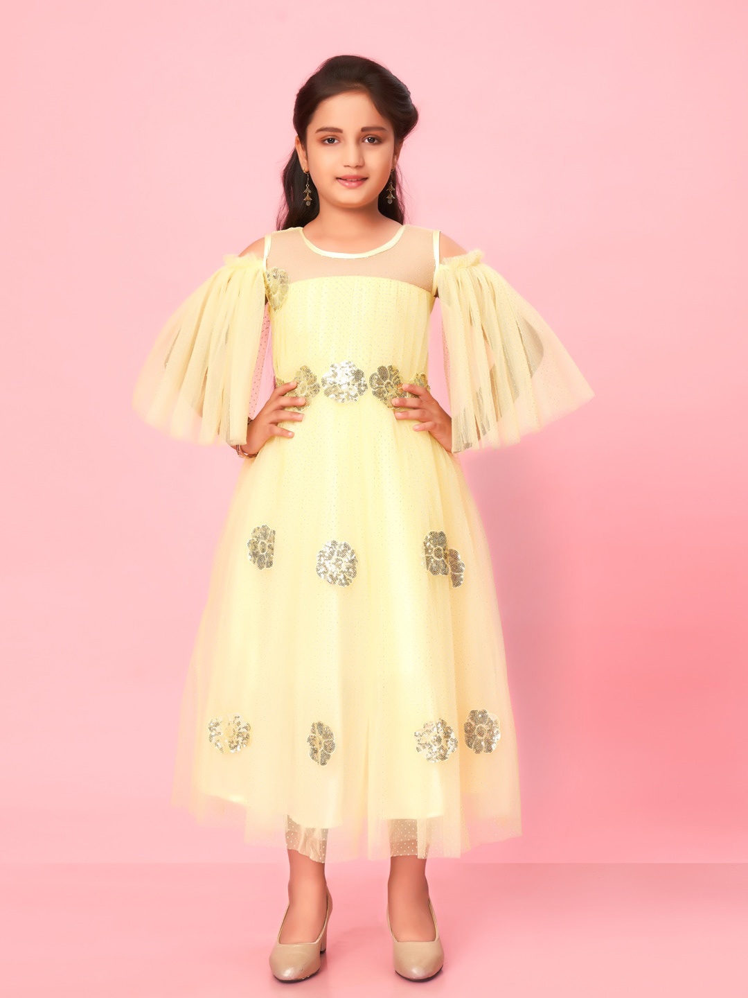 

Muhuratam Girls Embellished Flared Sleeve Net Fit & Flare Maxi Dress, Lime green