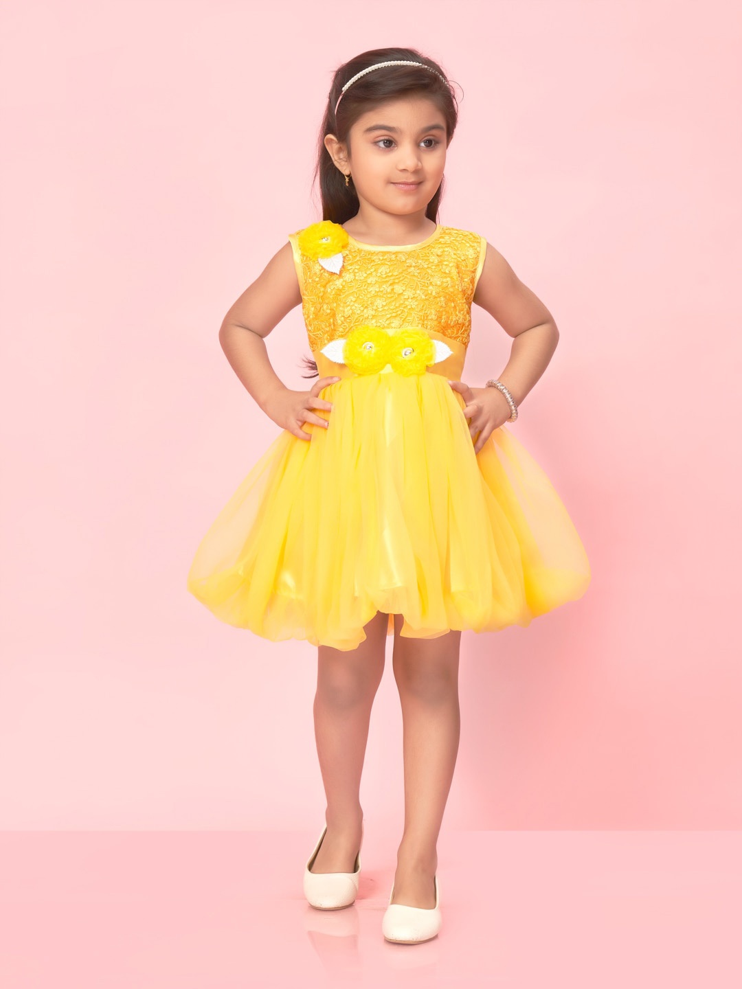 

Muhuratam Girls Embellished Net Fit & Flare Dress, Yellow