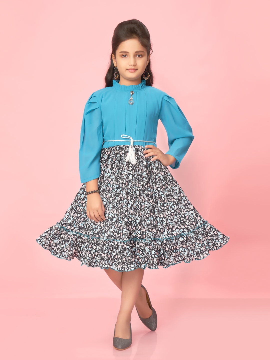 

Muhuratam Girls Floral Printed Fit & Flare Midi Dress, Blue