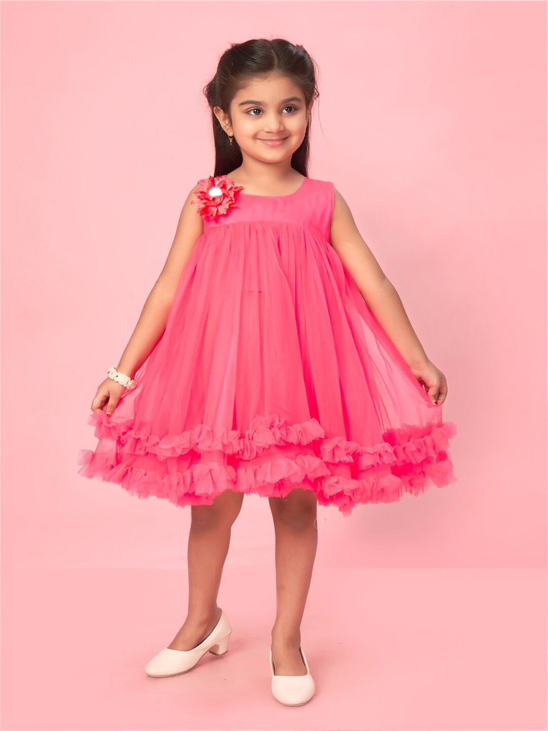 

Muhuratam Girls Sleeveless A-Line Net Dress, Pink