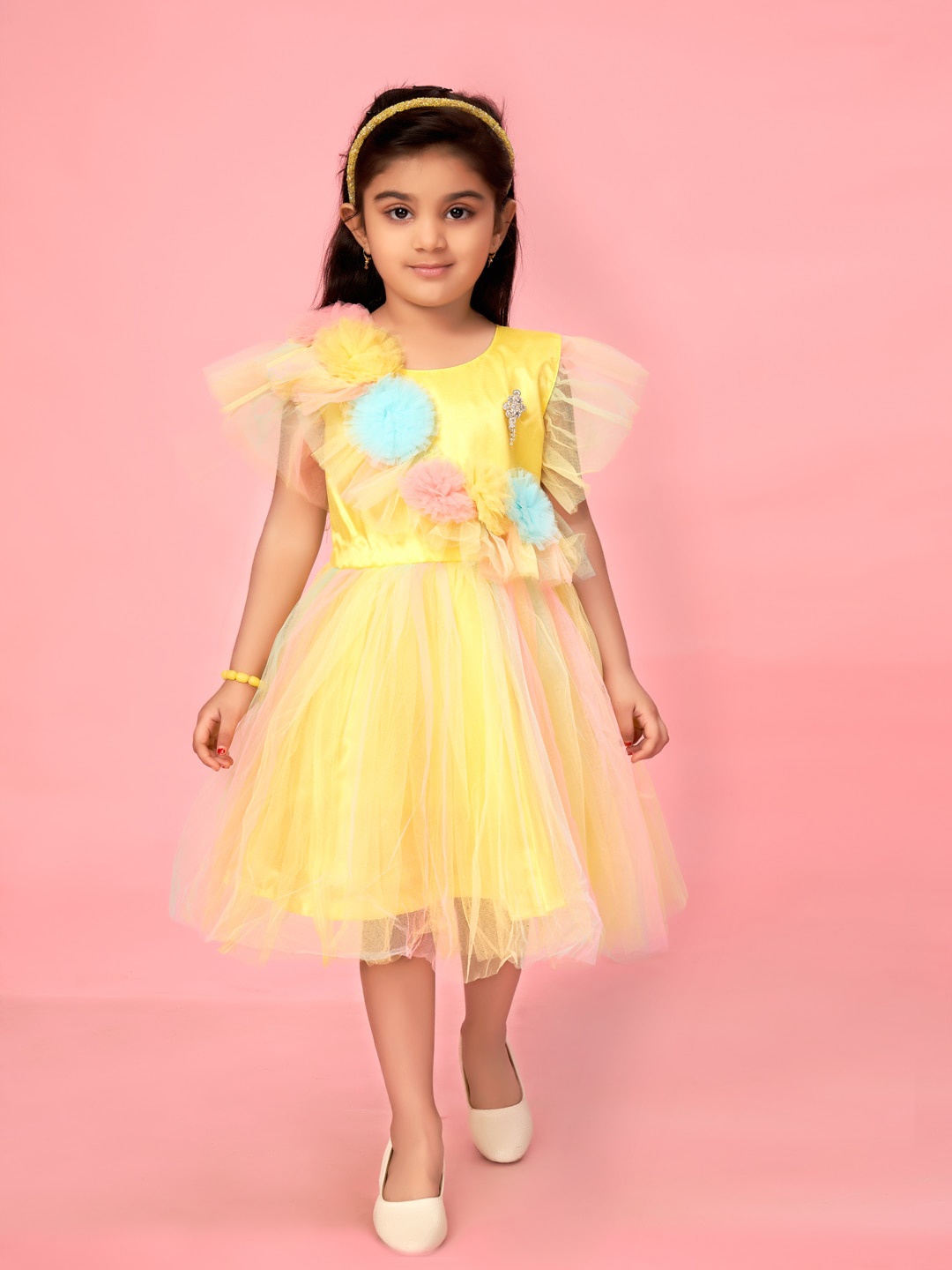 

Muhuratam Girls Round Neck Ruffled Fit & Flare Dress, Yellow