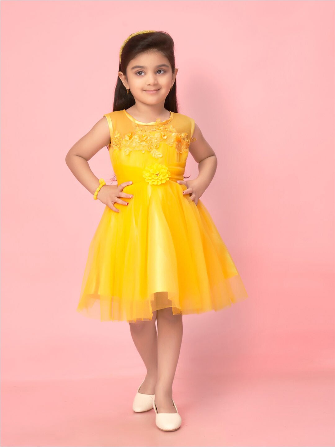 

Muhuratam Girls Self Design Fit & Flare Dress, Yellow